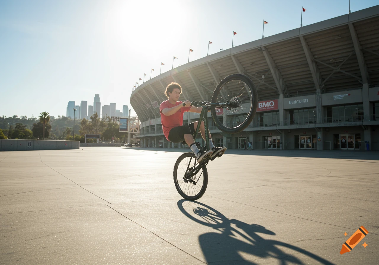 A person on a bike does a wheelie in front of a stadium and city skyline.