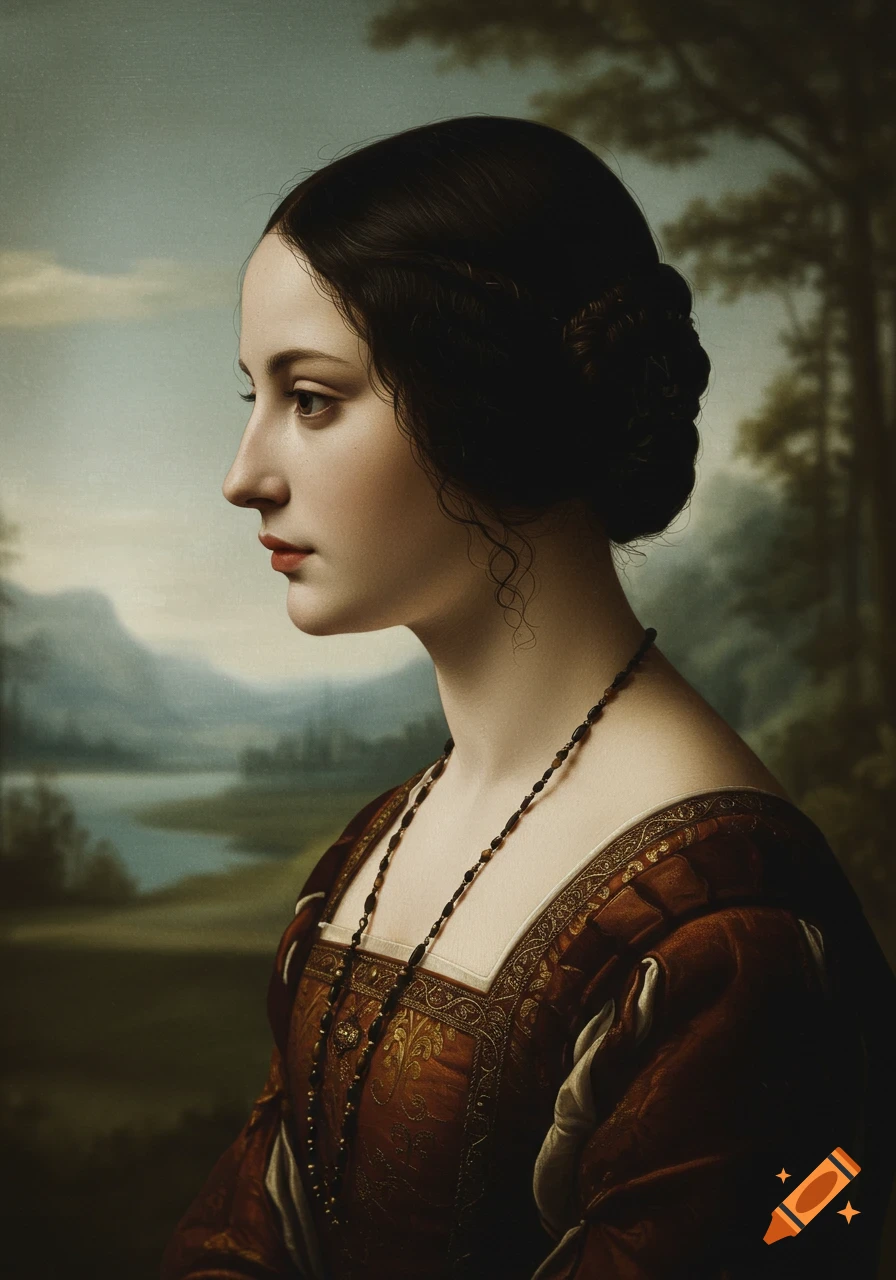 Portrait of a woman in profile in historical clothing against a landscape, in the style of a classical painting.