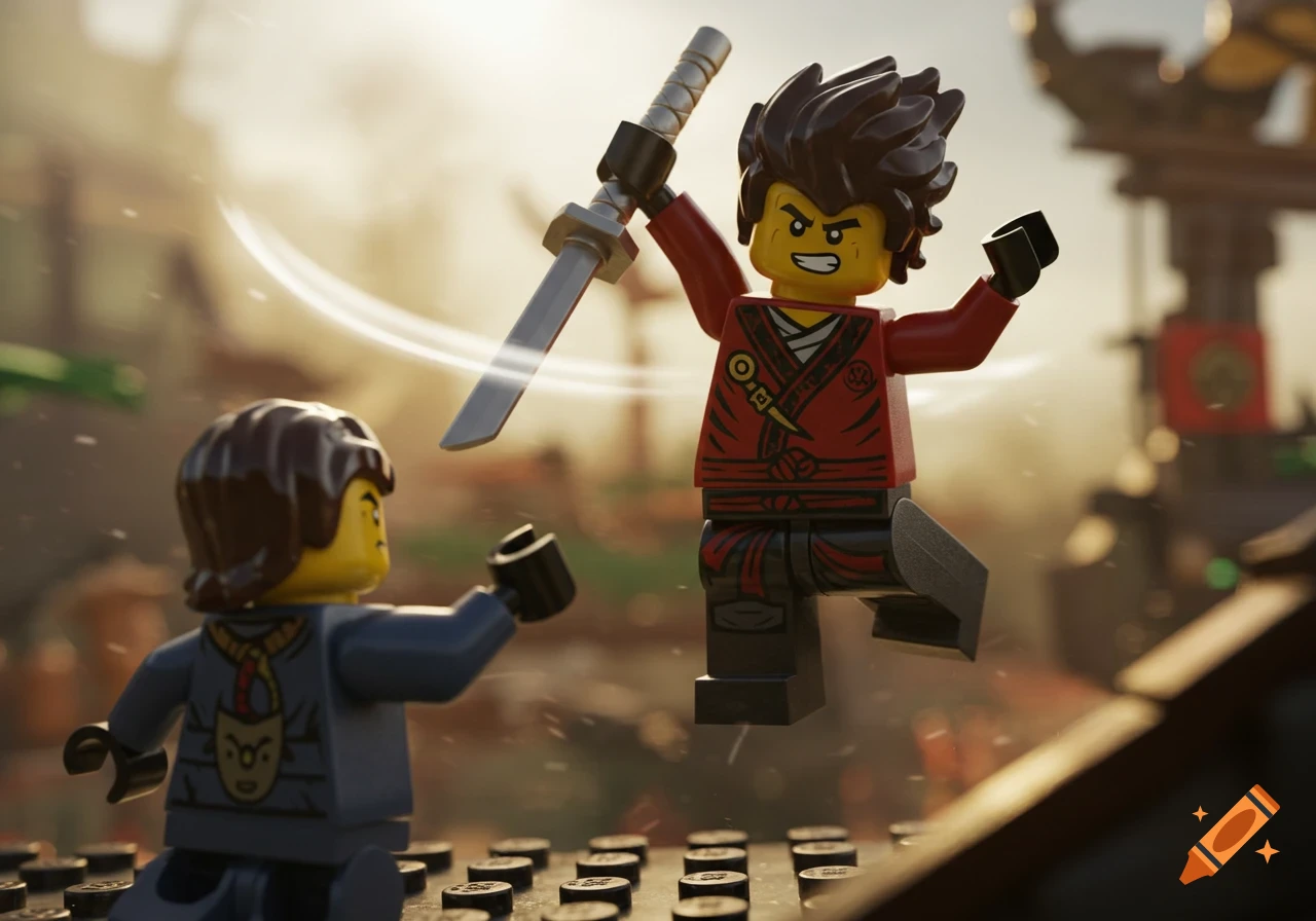 Realistic rendering of two Lego Ninjago characters fighting. Kai in red jumps with a sword towards a character in blue.