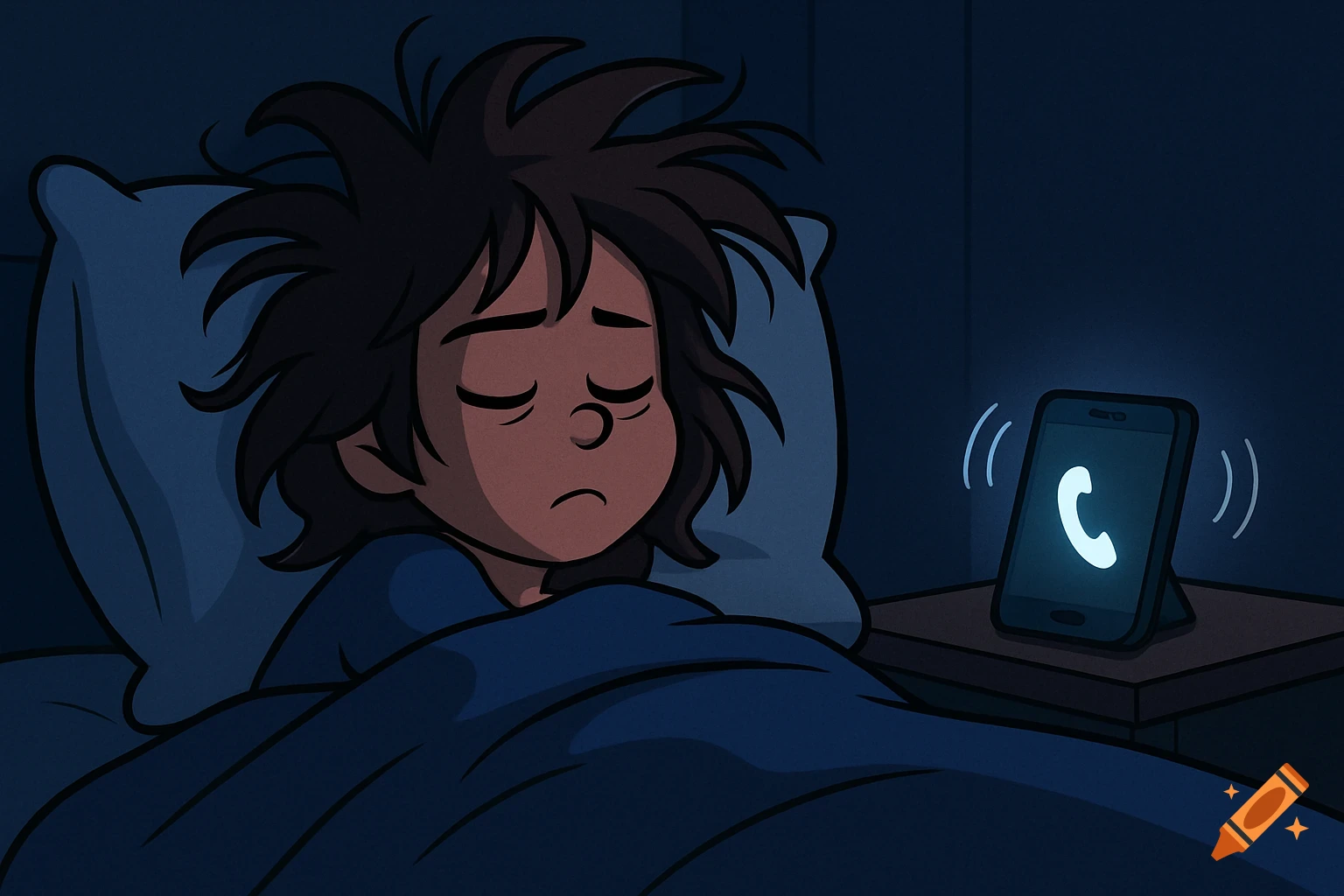 Cartoon person sleeping in bed, phone ringing on bedside table.