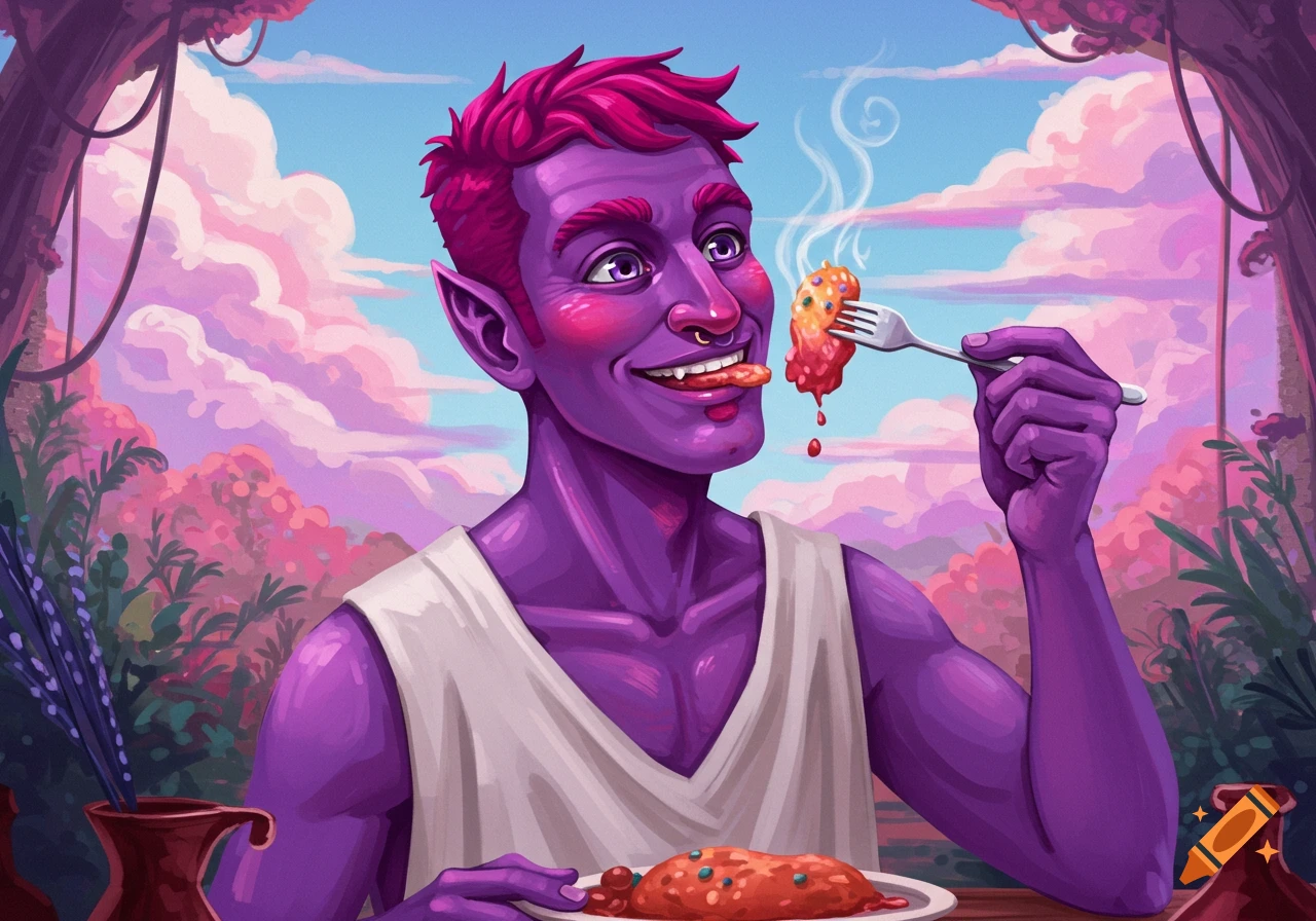 Purple creature with pointed ears eating food in a fantasy landscape.