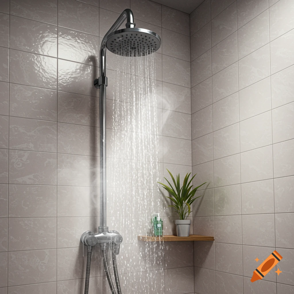 A photorealistic image of a showerhead spraying water in a modern bathroom with tiled walls and a small plant on a shelf.