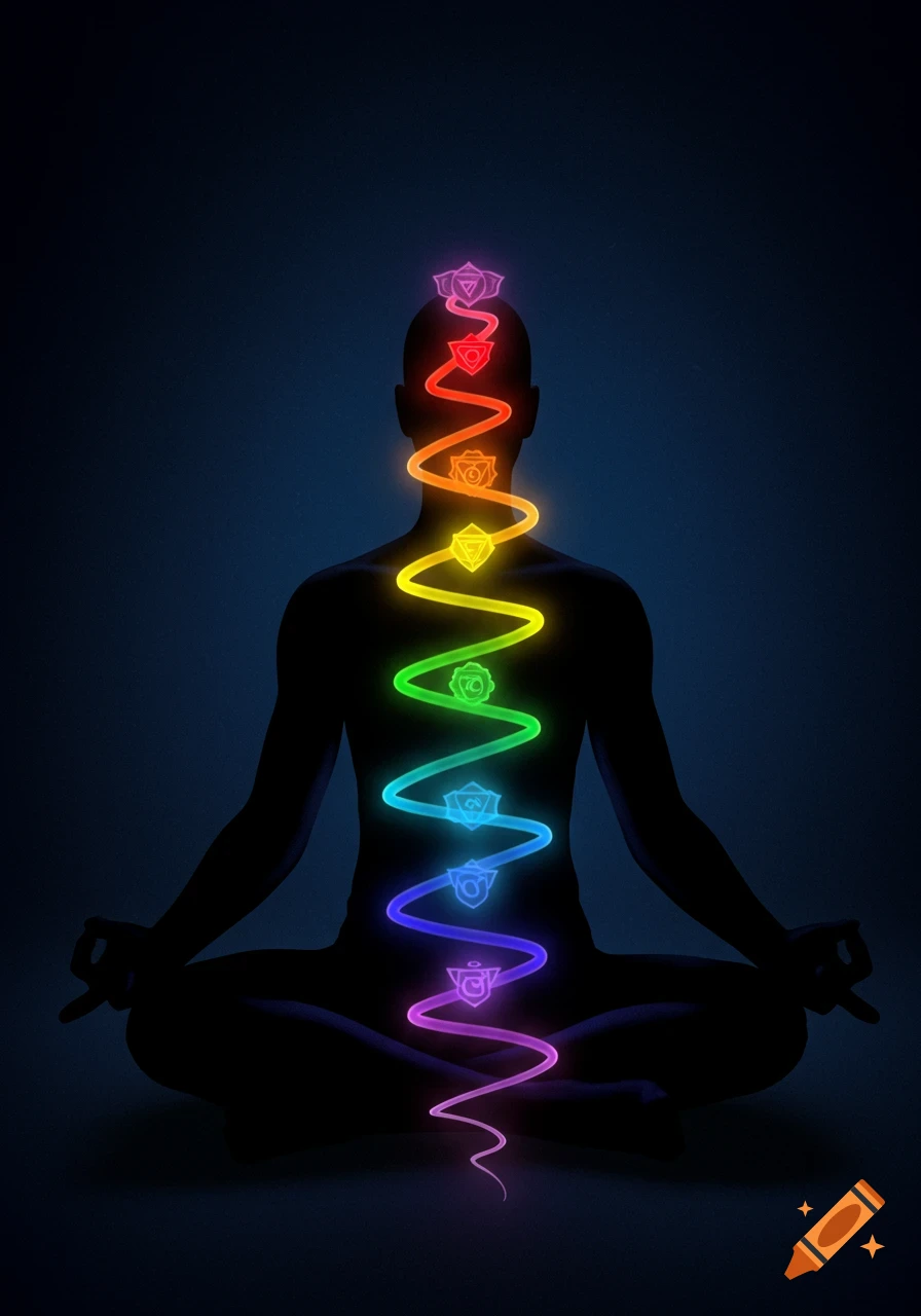 Silhouette meditating with glowing rainbow chakra symbols