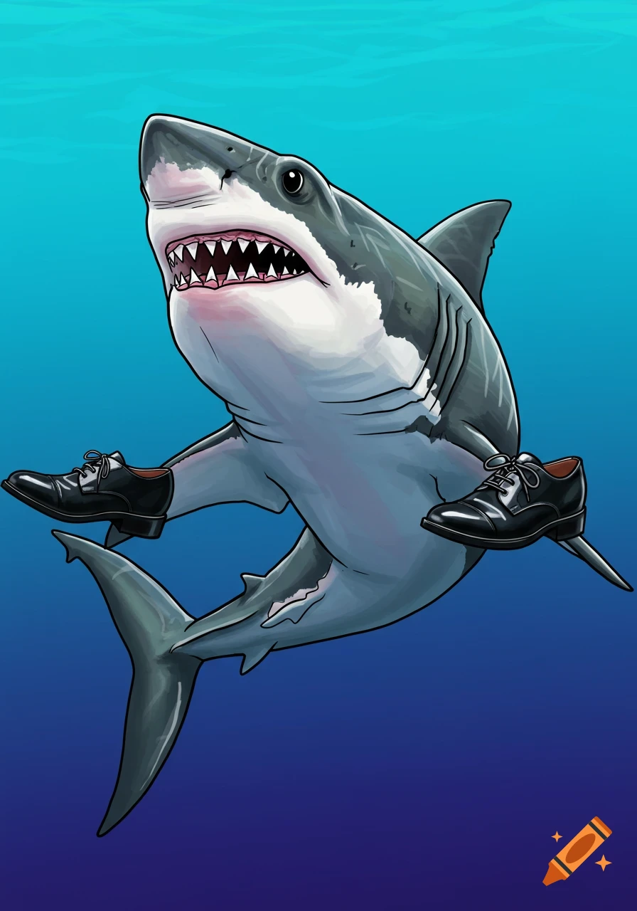 Illustration of a shark swimming underwater wearing black shoes.