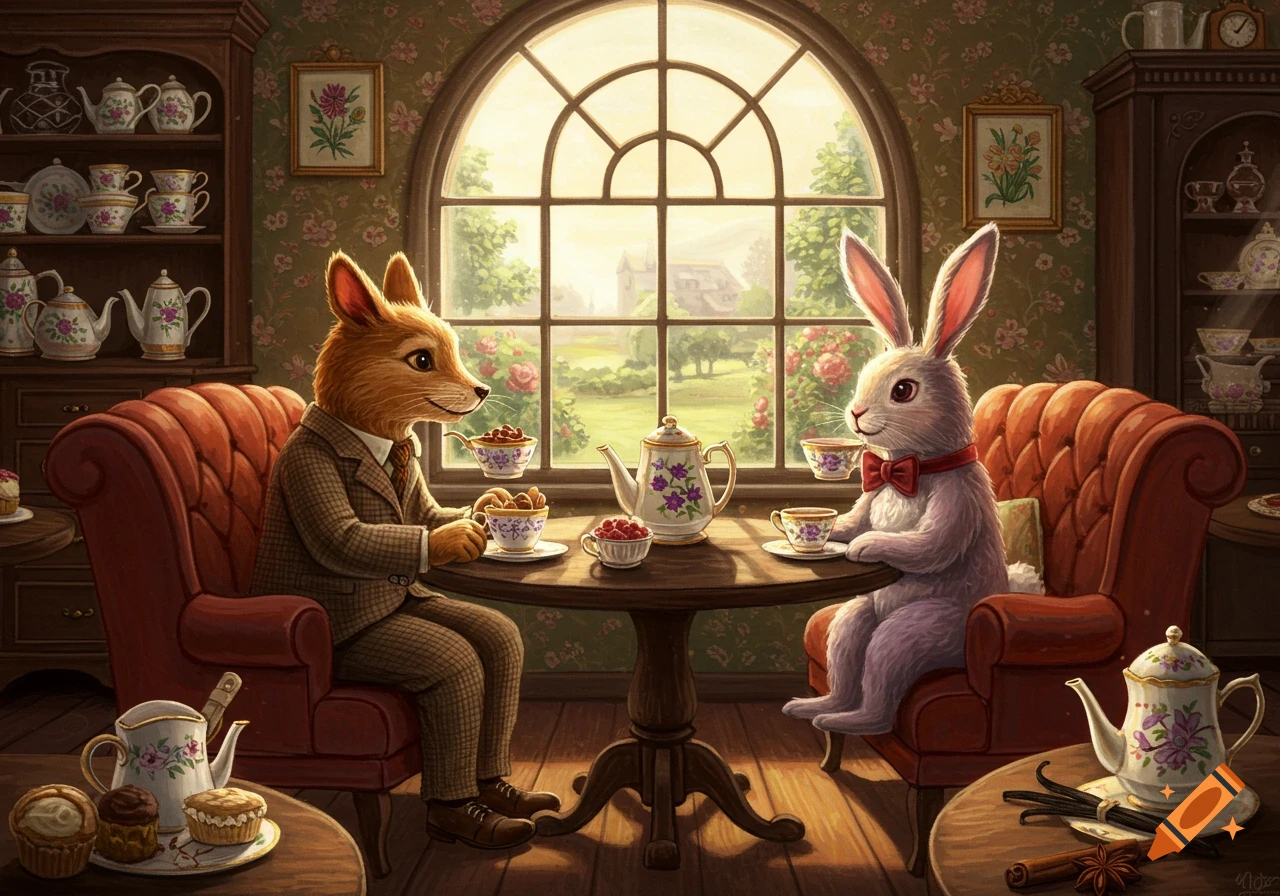 An illustration of an anthropomorphic fox and rabbit having tea in a cozy tea shop.