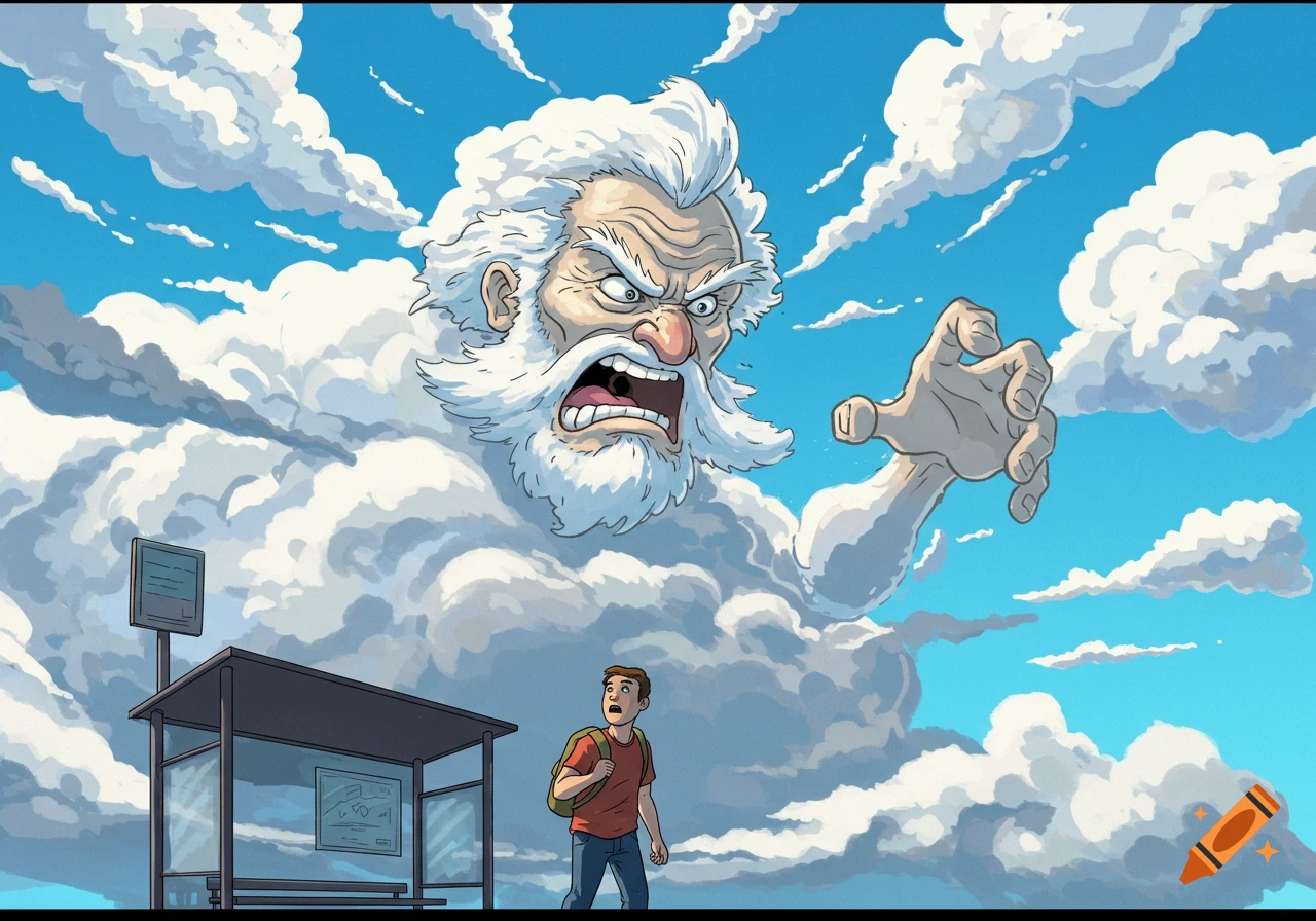 Cartoon of a giant cloud face yelling down at a small person standing nervously at a bus stop.