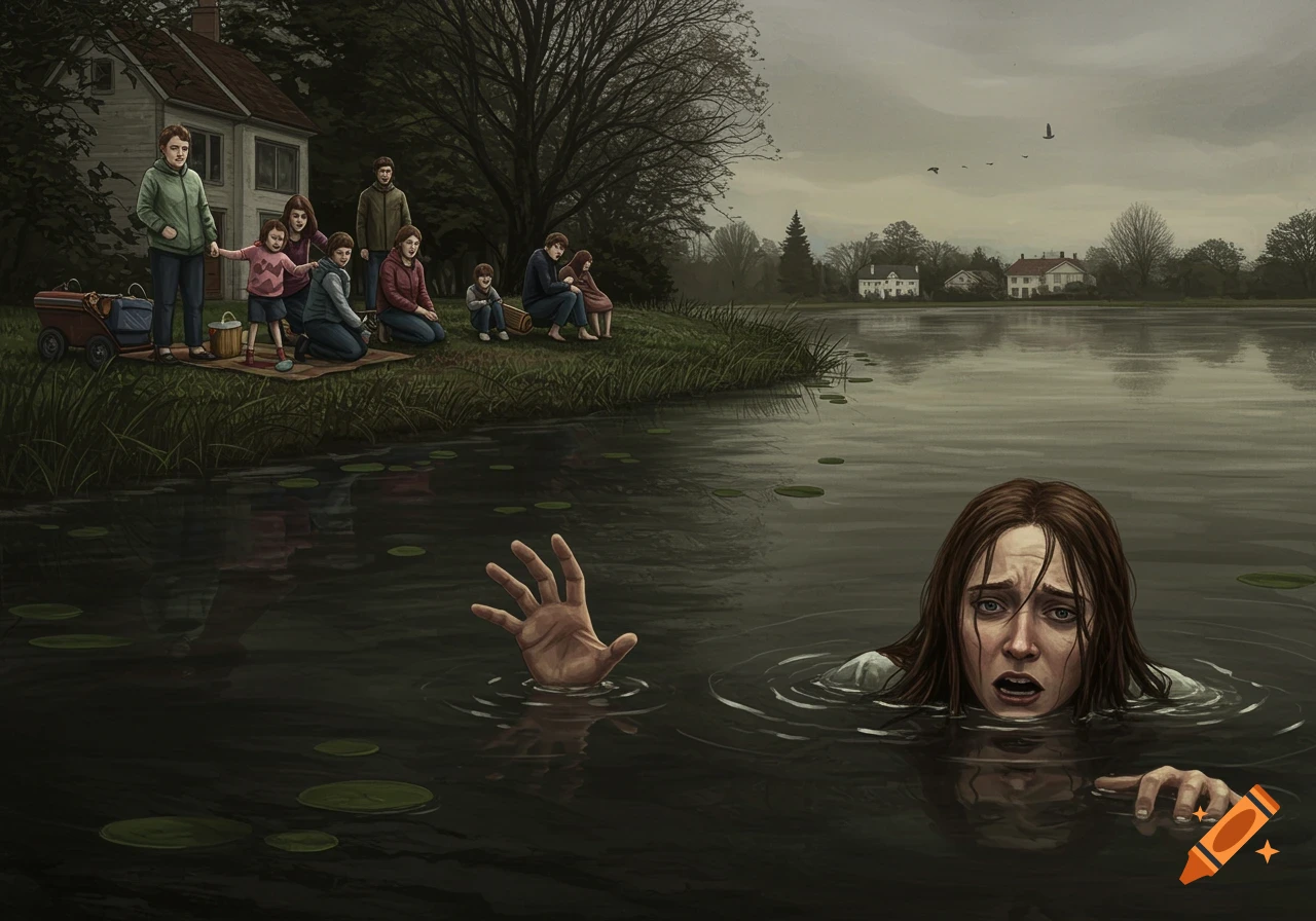 A woman struggles to stay afloat and reaches a hand from a dark lake, while a family picnics nearby, unaware.