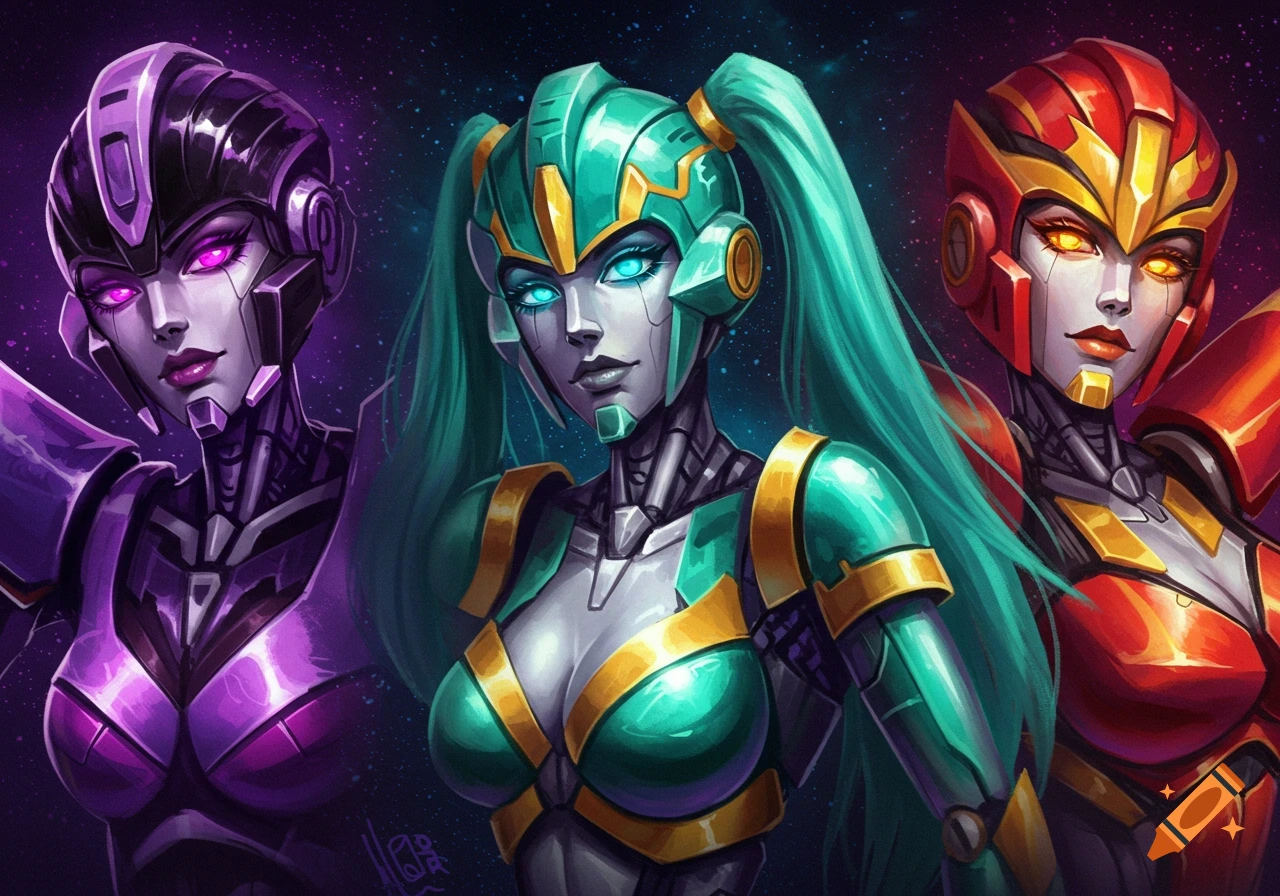 Three female-presenting robot characters in purple, green, and red armor look forward in an illustration style.