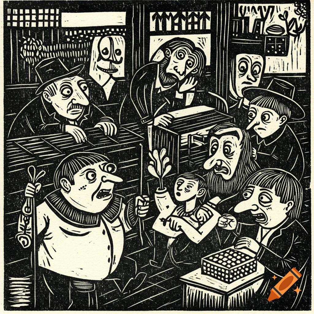 Monochrome woodcut print of a group of funny-looking people with exaggerated features.