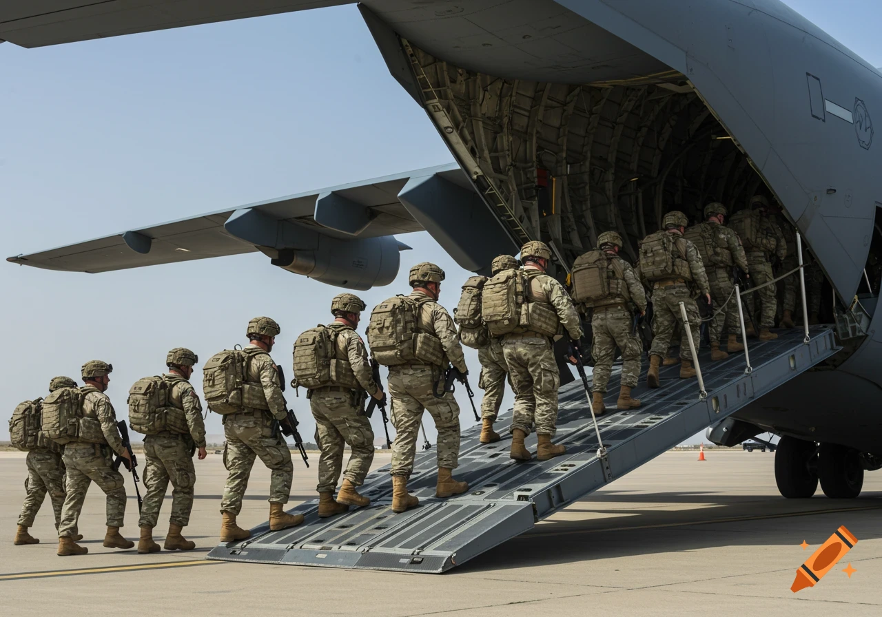 Line of soldiers in camouflage gear boarding a large military transport plane on an airfield
