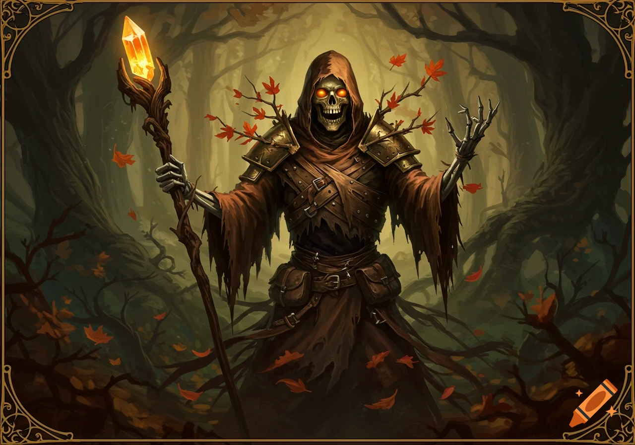 A skeletal figure in a hooded robe holds a staff with a glowing crystal in an autumn forest.