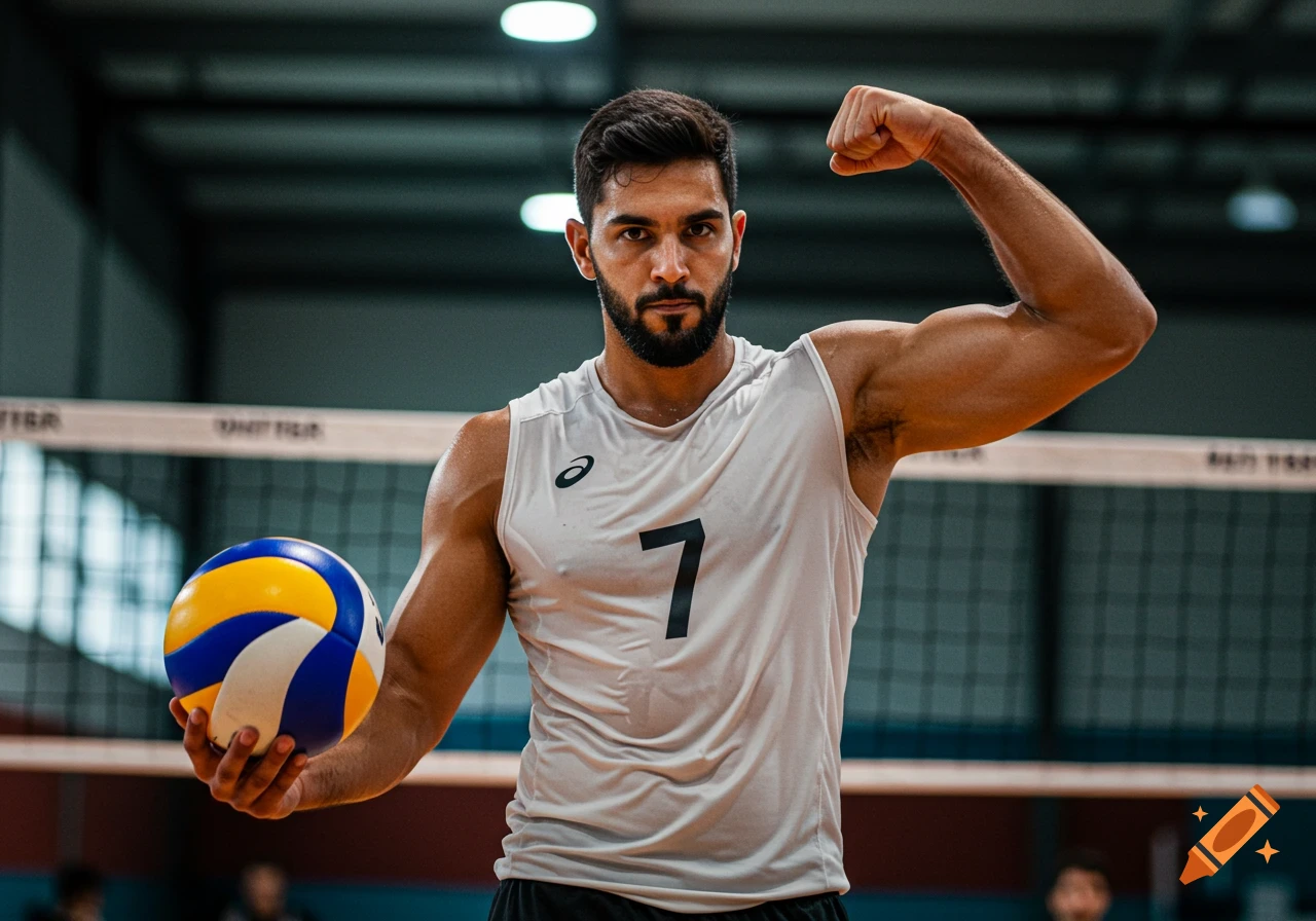 Muscular man in a volleyball jersey holding a ball and flexing bicep in a gym.