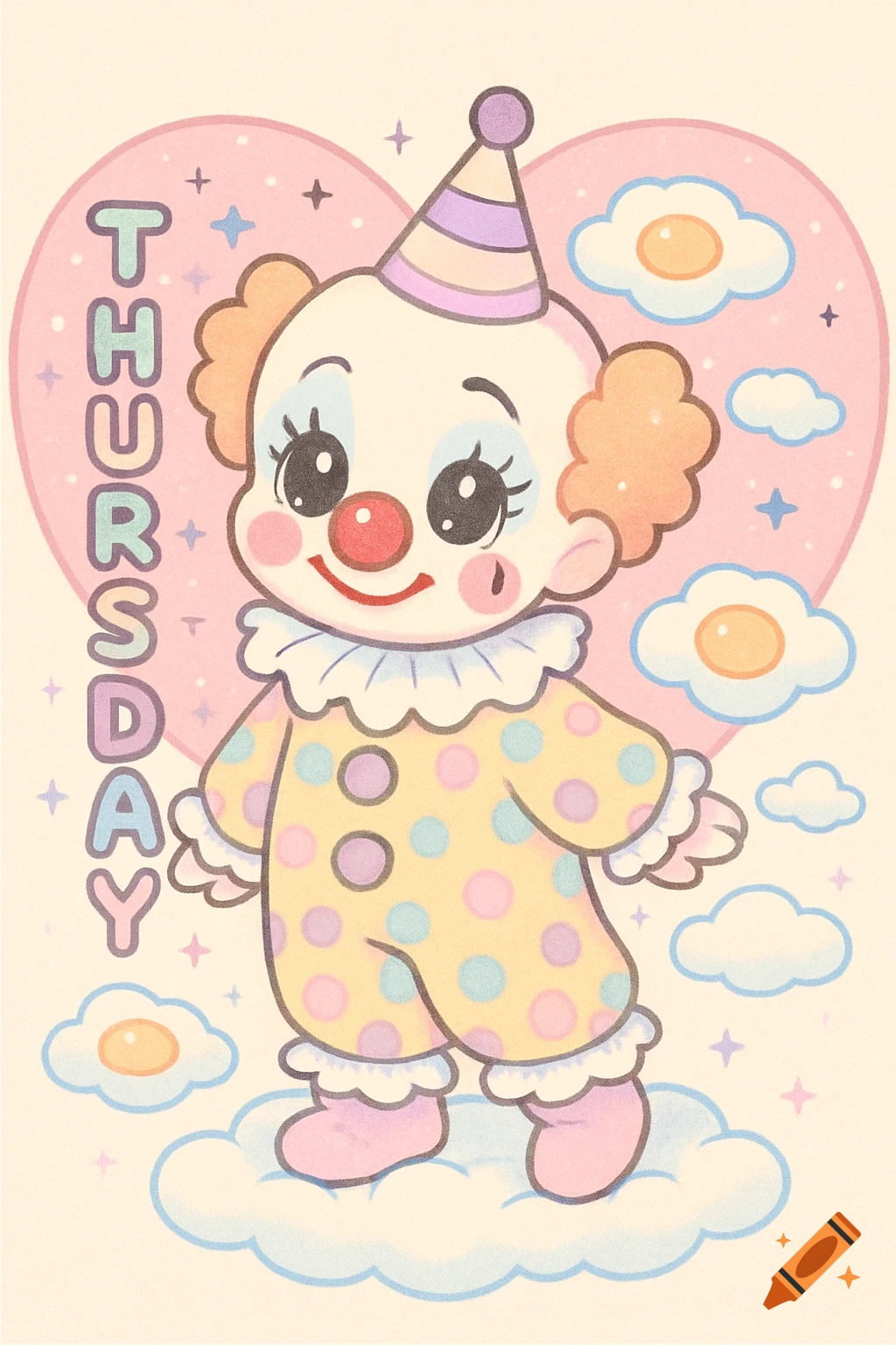 Cute pastel clown standing on a cloud with vertical text 'THURSDAY', surrounded by hearts and clouds.