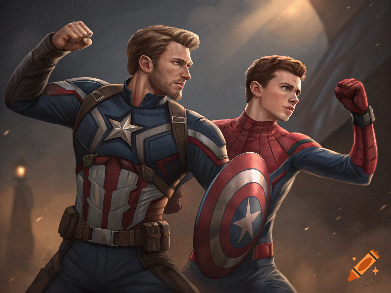 Digital painting of Captain America and Spider-Man striking a heroic pose