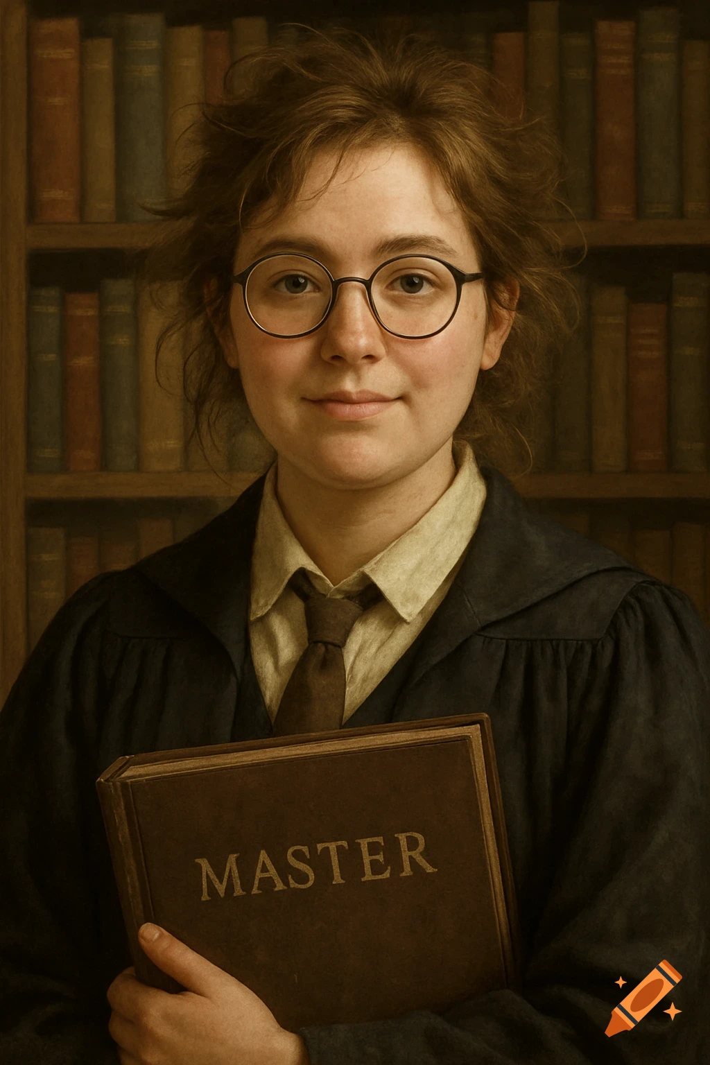 A young woman in academic attire holds a book titled "MASTER" in front of a bookshelf.
