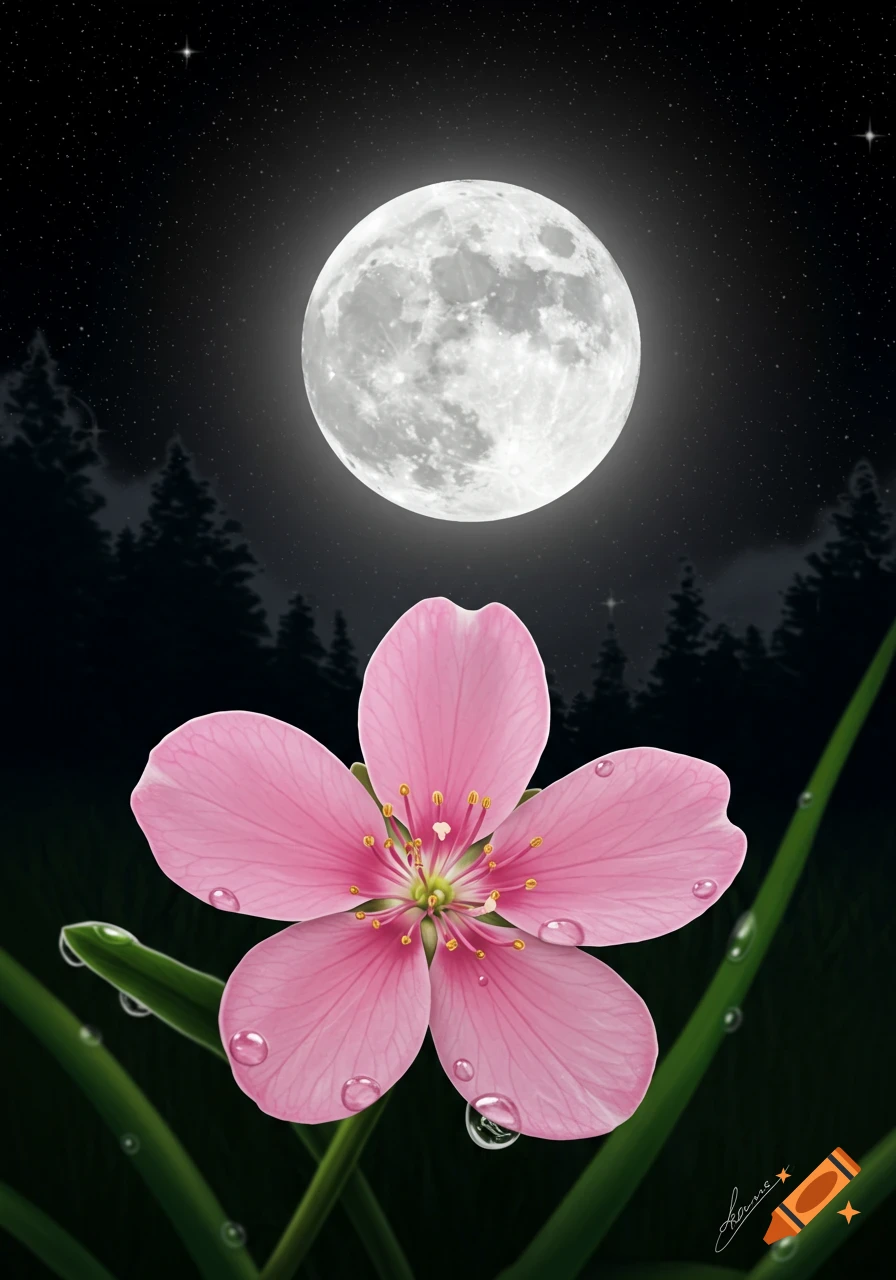 A pink flower with water drops under a bright full moon at night, with silhouetted trees in the background. Digital painting.