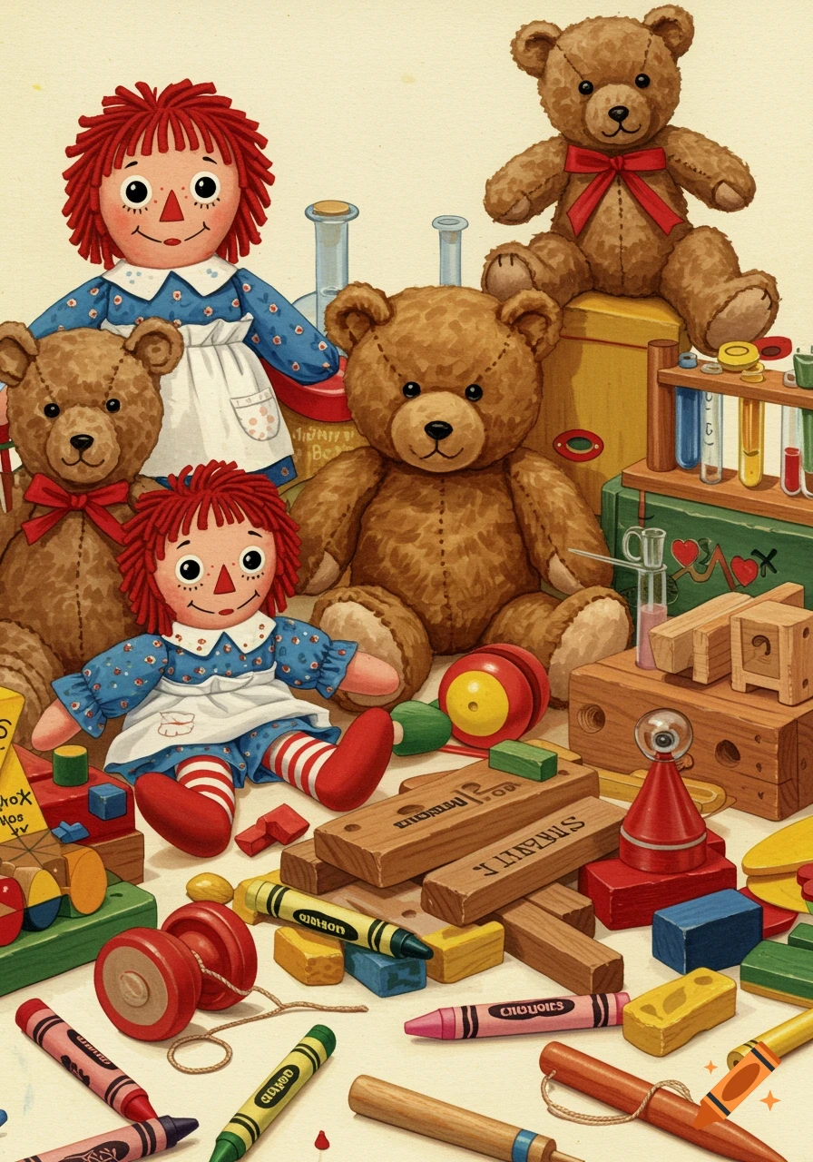 Raggedy Ann dolls and teddy bears with blocks, crayons, yo-yos, and a chemistry set illustration.