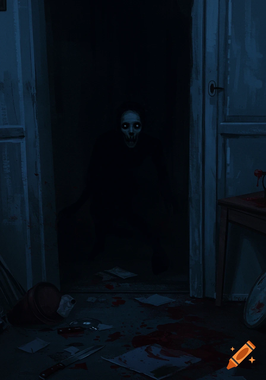A pale, skeletal figure with glowing eyes lurks in a dark doorway, with blood and debris on the floor.