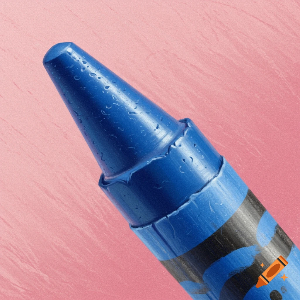 Close-up of a blue crayon tip against a pink background.