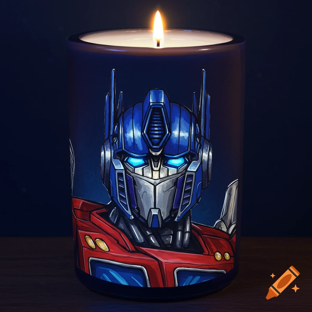 Candle with an illustration of Optimus Prime's head.