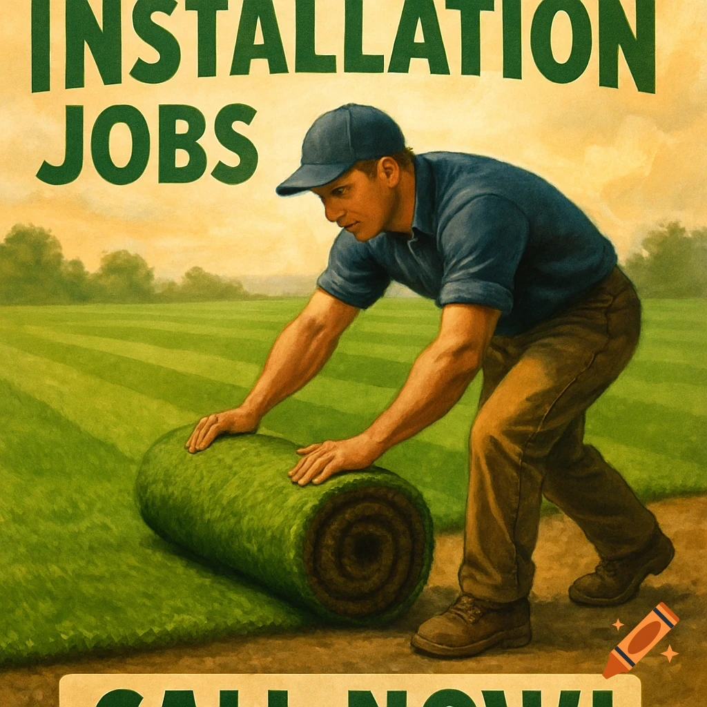 Vintage poster style illustration of a man rolling out sod, with text "INSTALLATION JOBS" and "CALL NOW!".