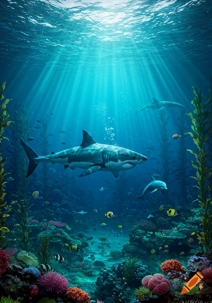 A great white shark and a dolphin swim through a sunlit underwater kelp forest and coral reef.