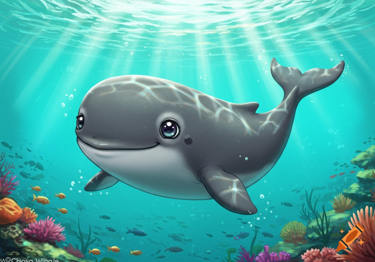 A cute cartoon whale swims underwater near a coral reef, with rays of light from the surface.