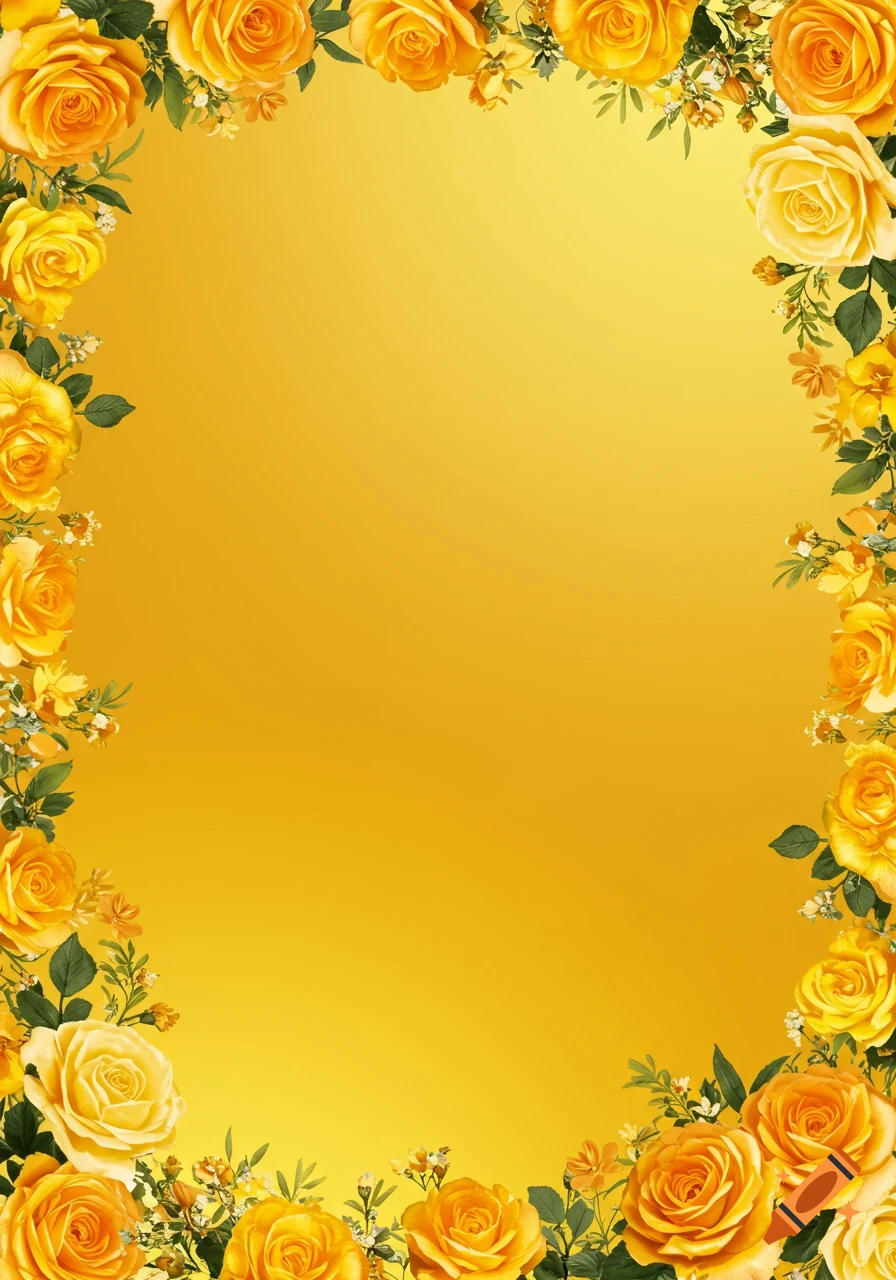 A yellow gradient background with a border of yellow roses and other yellow flowers around the edges.