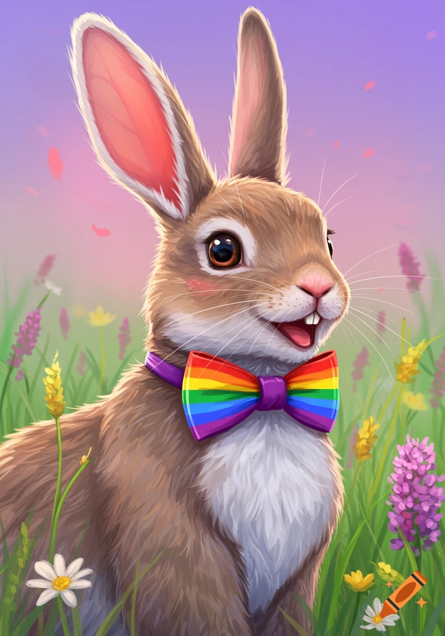 A rabbit wearing a rainbow bow tie stands in a field of flowers.
