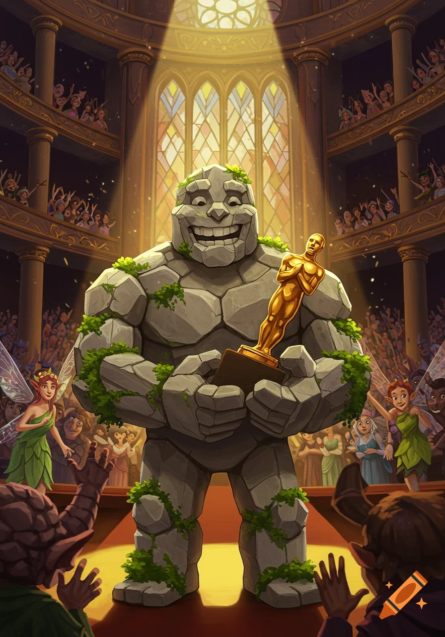 A cartoon rock creature holds an award on stage in a crowded theater.