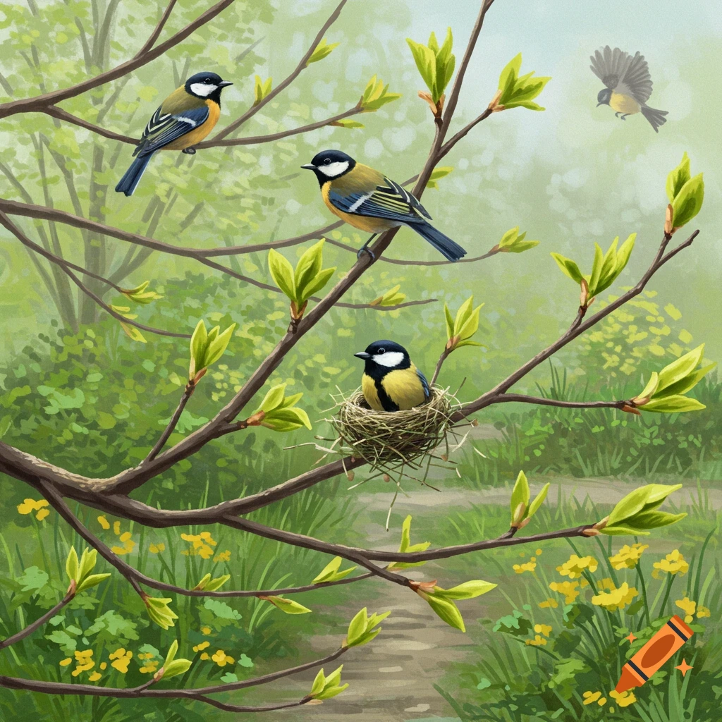 Painting of Great Tits on spring branches with a nest, path, and flowers.