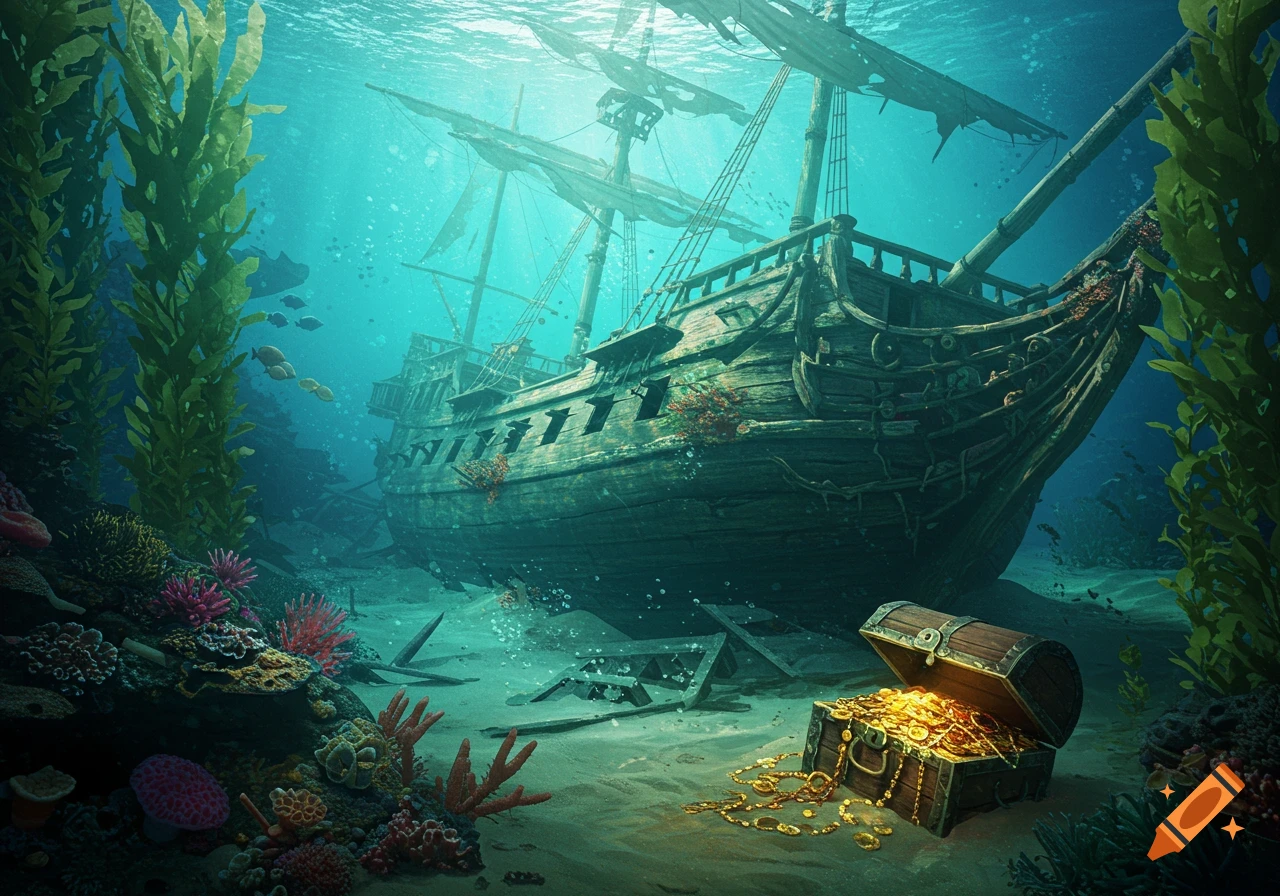 Sunken wooden pirate ship on the seabed with an open treasure chest of gold, surrounded by kelp, coral, and fish