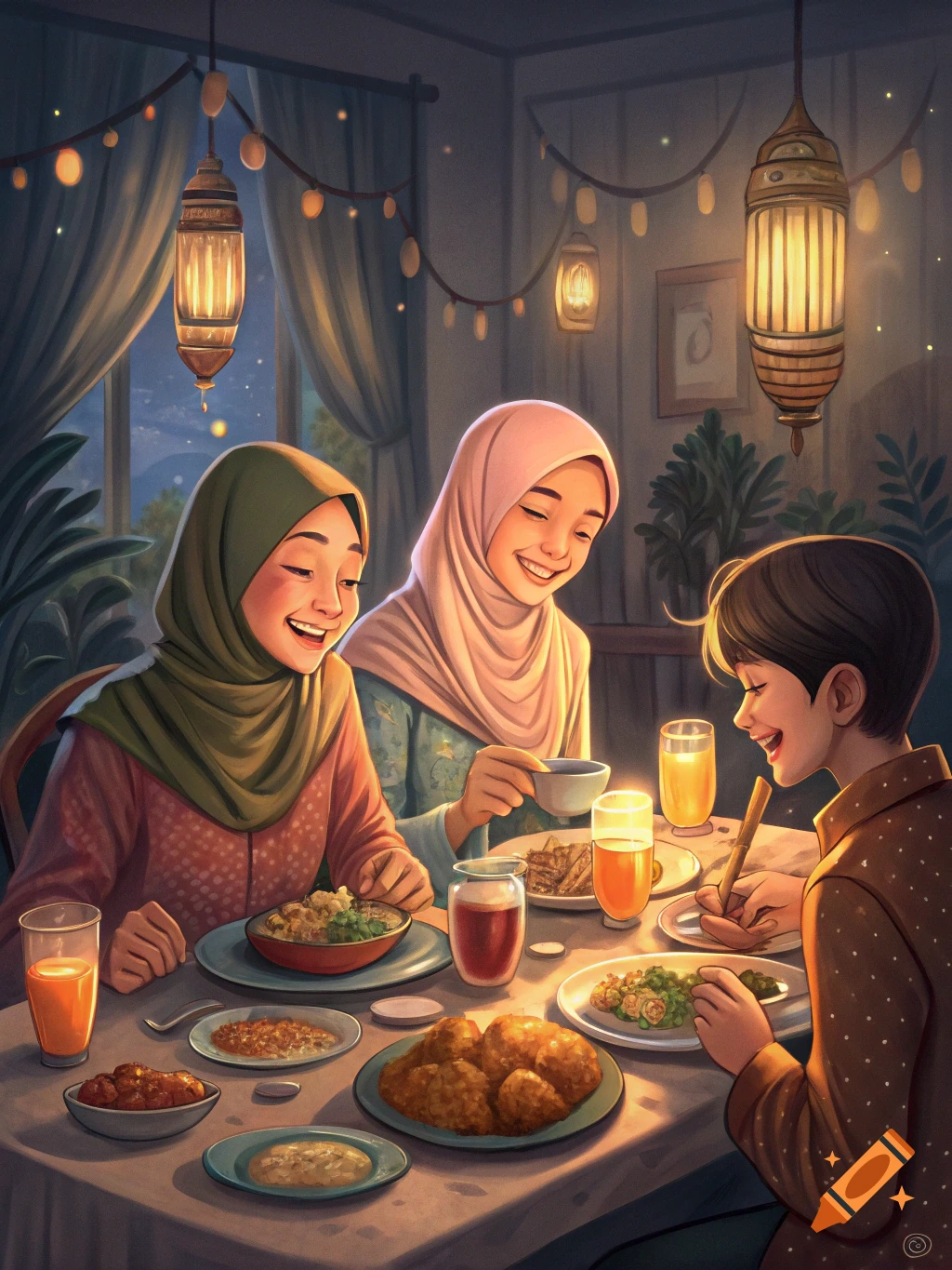 Illustration of a family having a meal under lanterns.