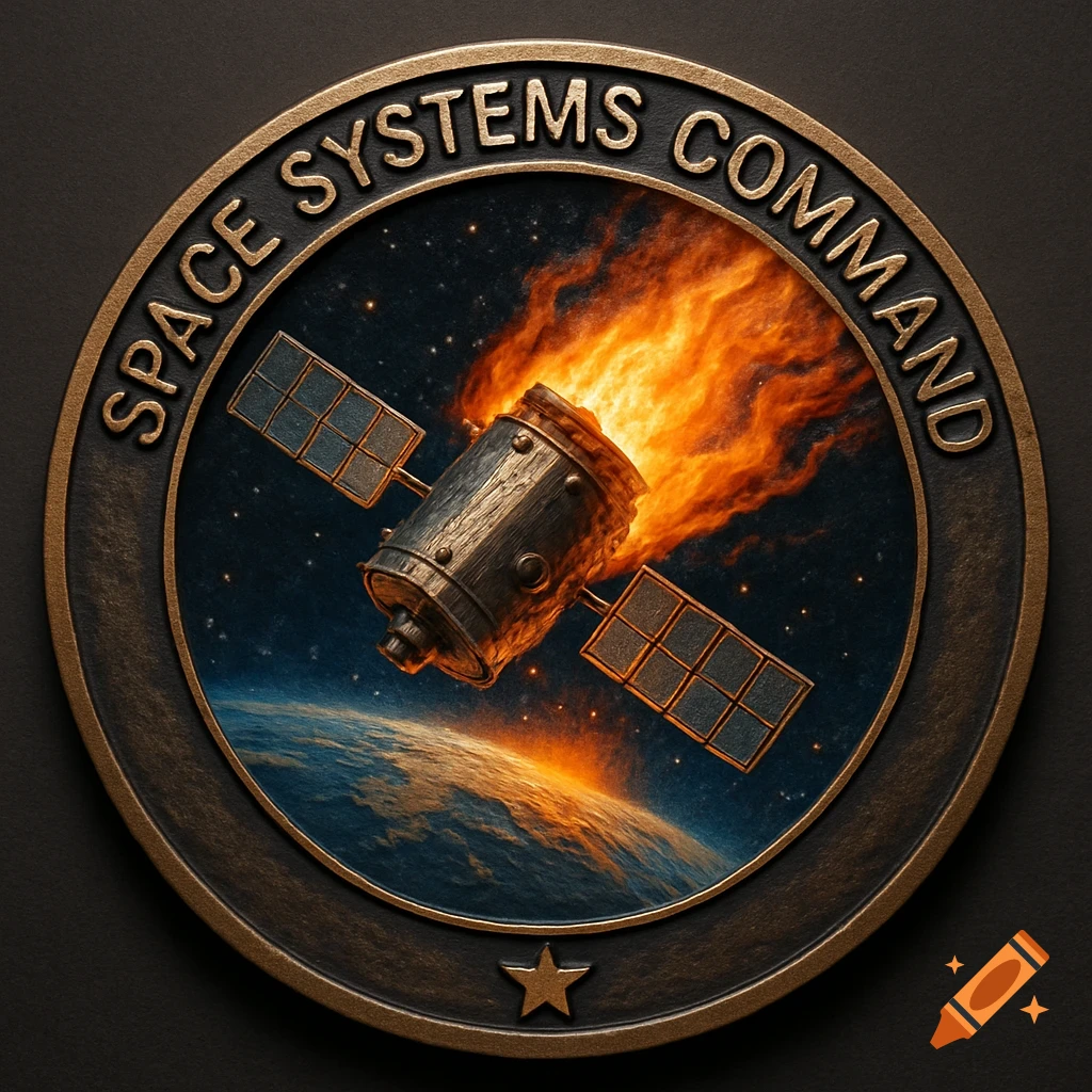 Challenge coin depicting a burning satellite falling toward Earth.
