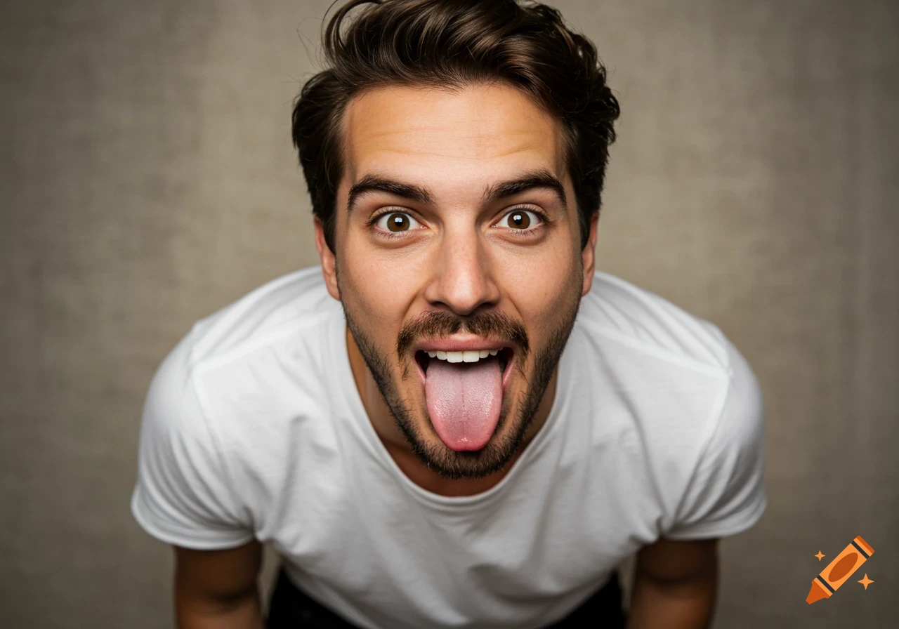 A man with a beard and mustache sticks out his tongue at the camera.