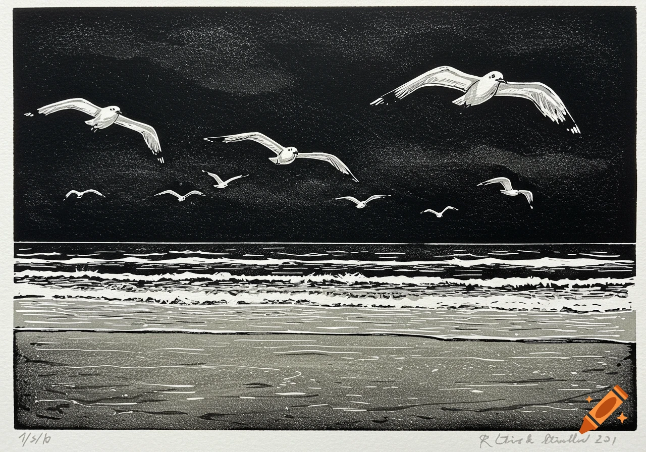 Linocut print of seagulls flying over a beach scene.