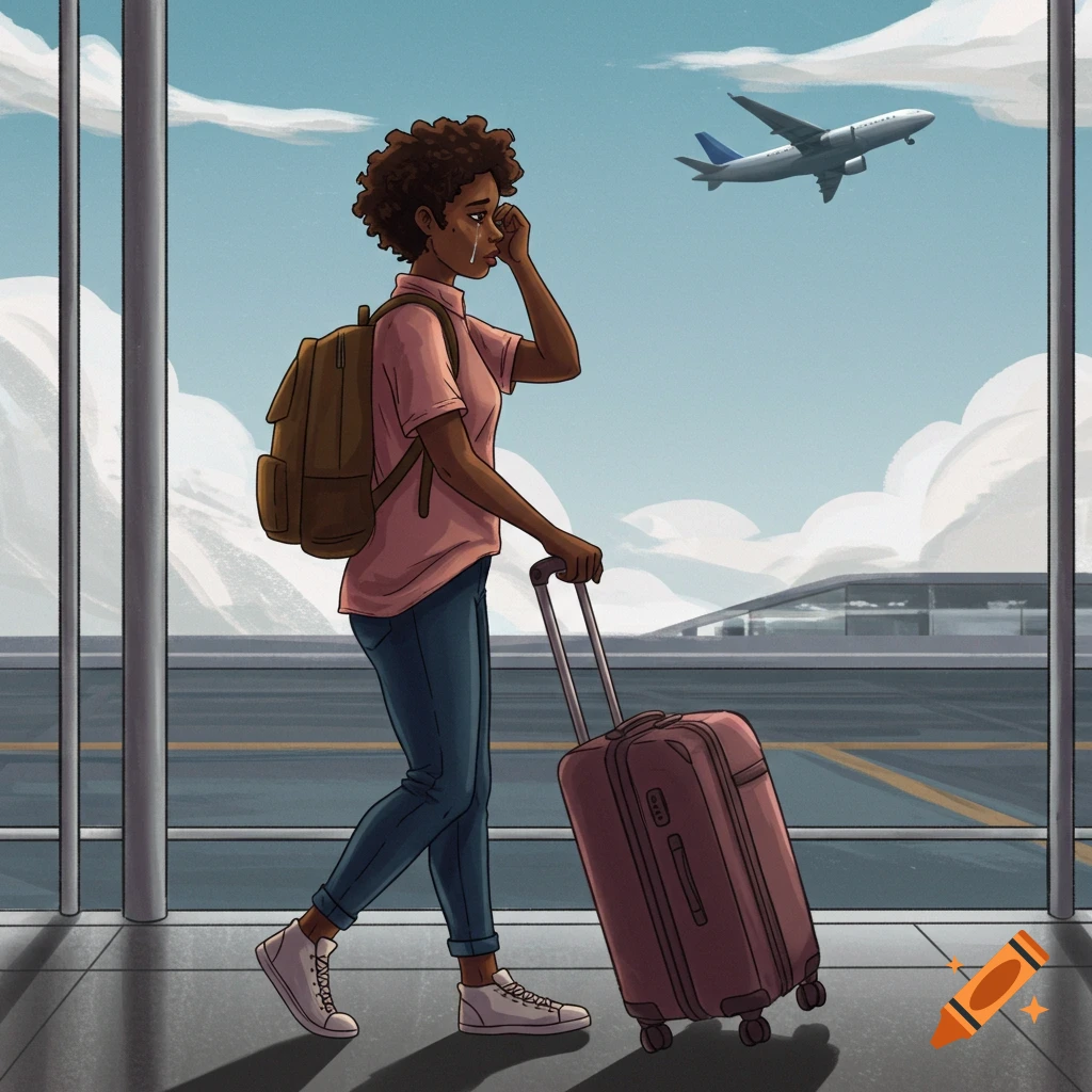 Young woman crying at airport, looking at a departing plane, pulling a suitcase. Illustration style.