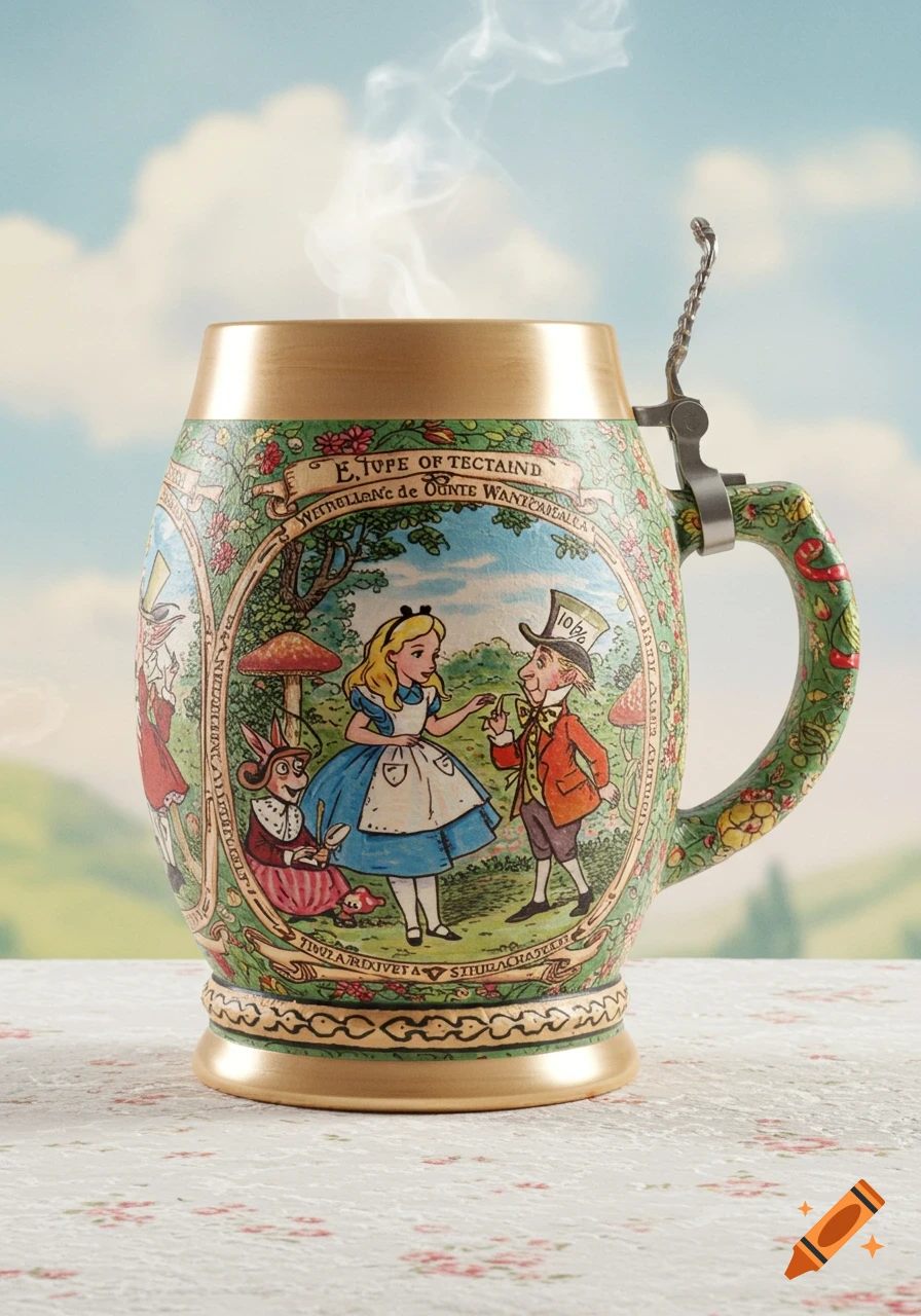 An Alice in Wonderland themed beer stein with steam rising from the top, on a tablecloth.