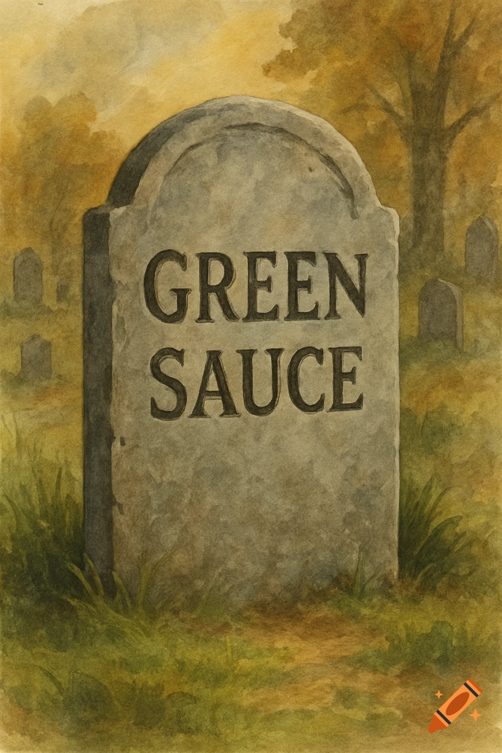 Watercolor painting of a tombstone in a cemetery inscribed with 'GREEN SAUCE'.