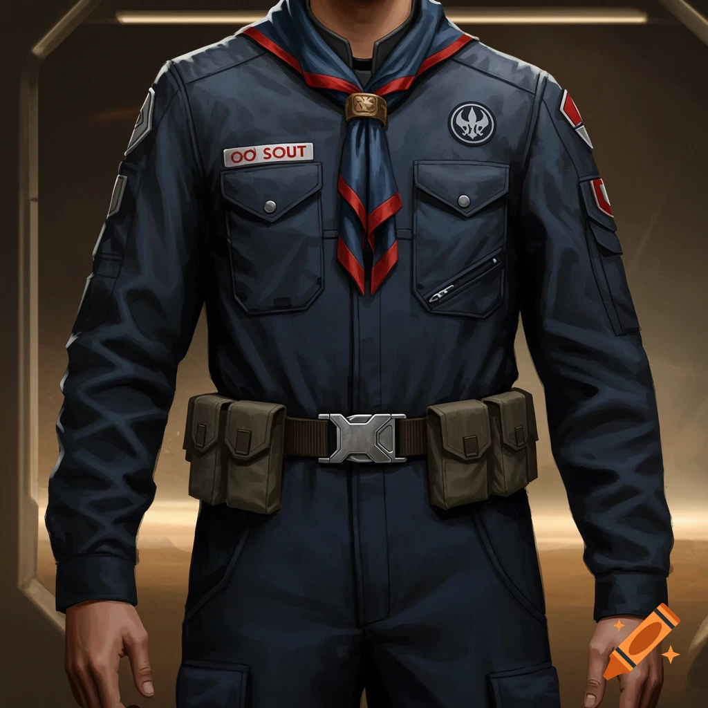 Close-up of a person in a dark blue sci-fi military-style uniform with patches and neckerchief.