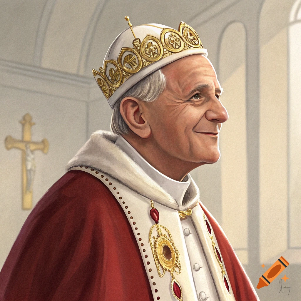 Portrait of a smiling man dressed as a Pope in a church setting. on Craiyon