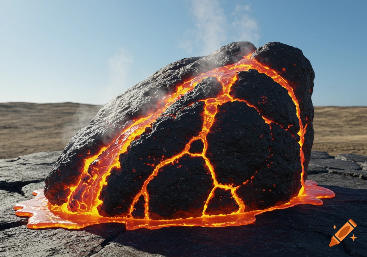 Lava flows over a large dark rock in a desolate landscape under a clear blue sky.