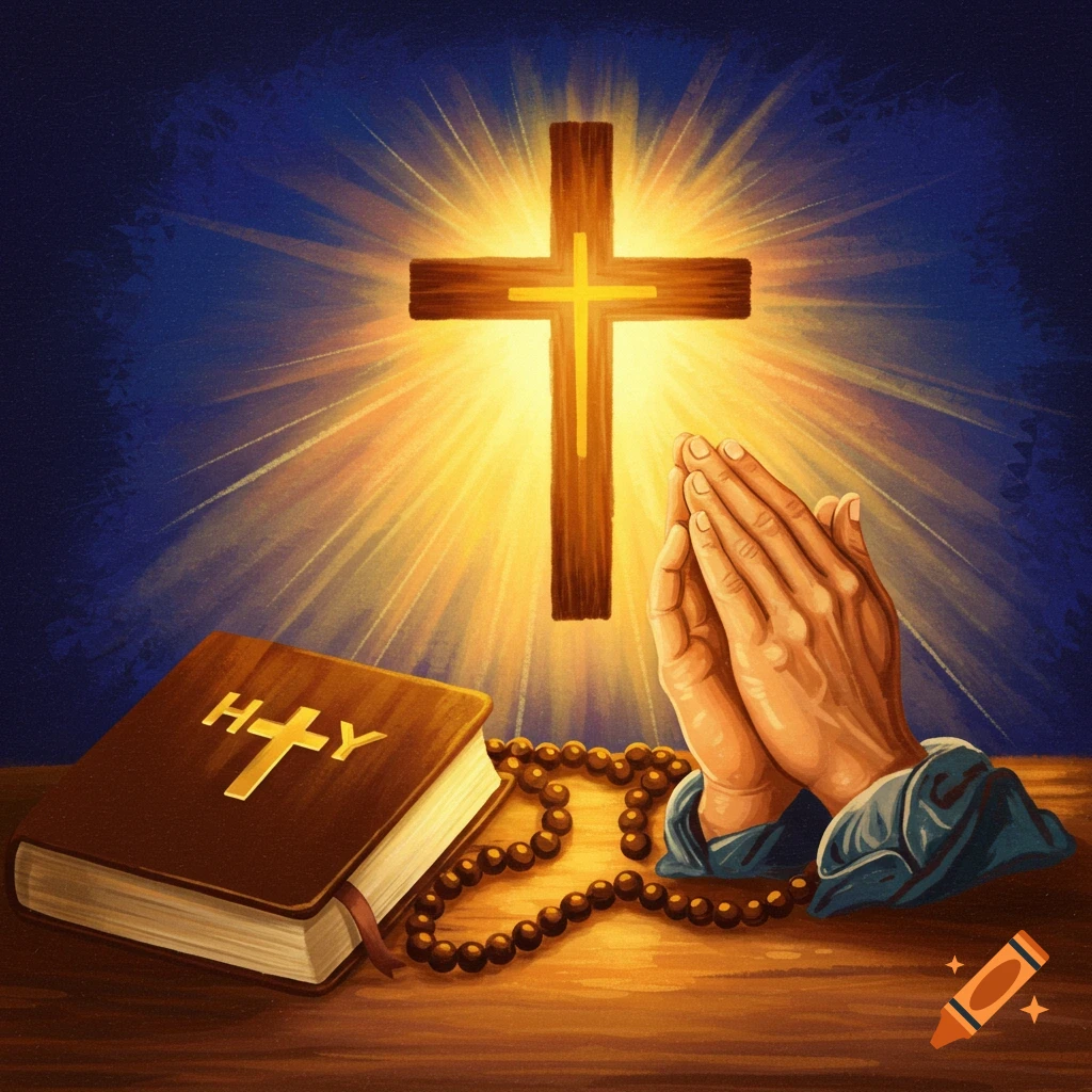 A wooden cross with radiating light, praying hands, a book, and a rosary.