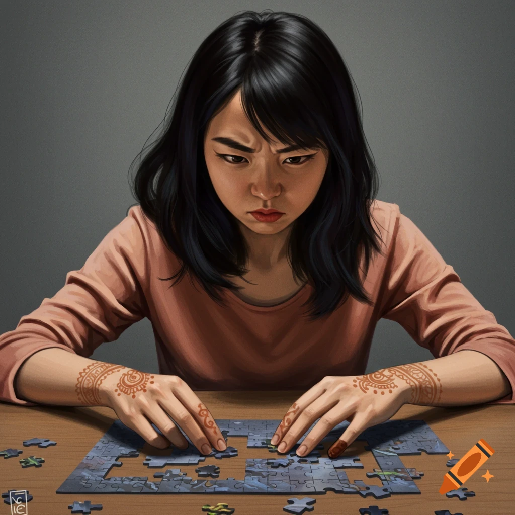 An illustration of a young woman intently focused on assembling a jigsaw puzzle.