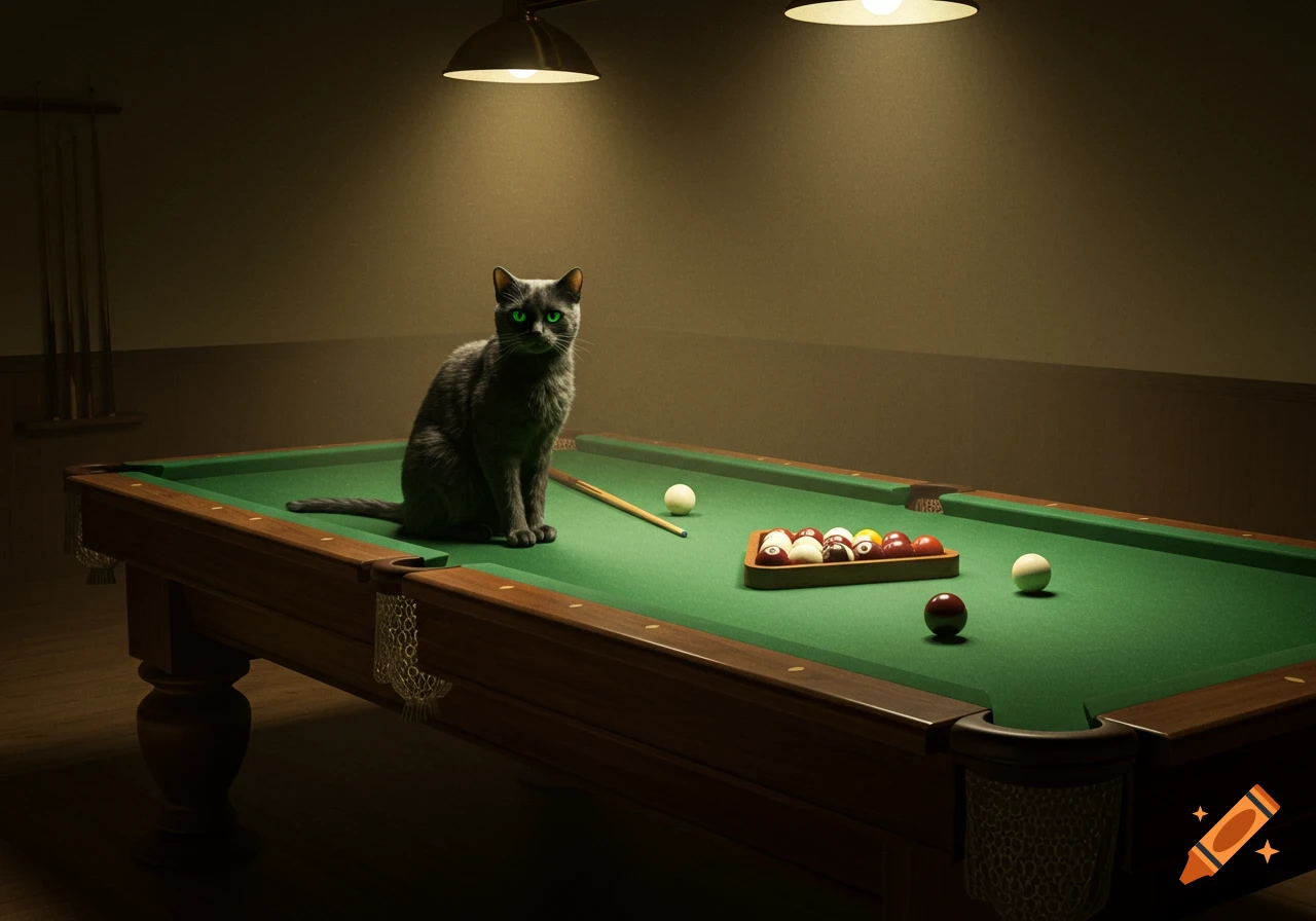 A grey cat sits on a vintage green pool table with balls and cues.