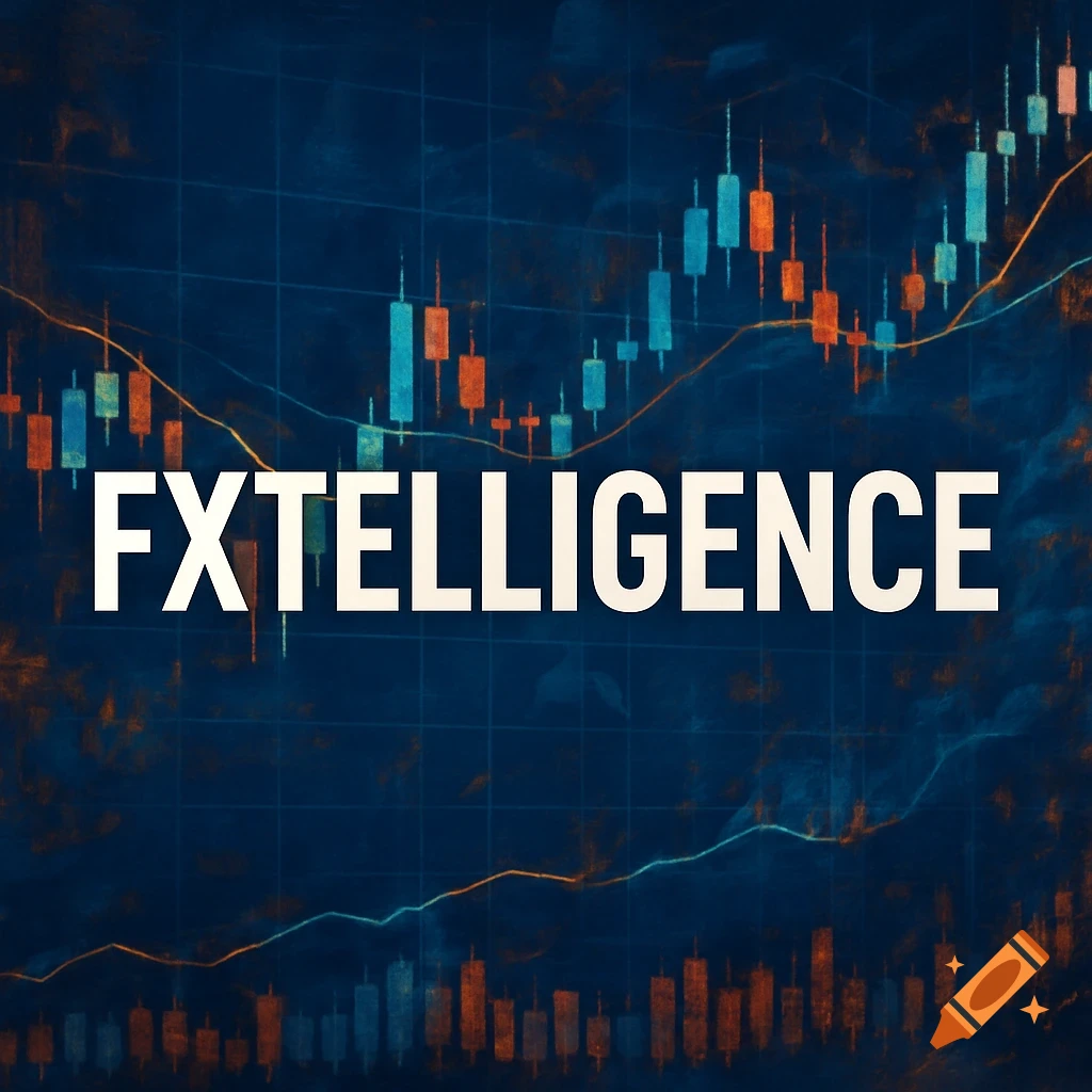 Text "FXTELLIGENCE" over a trading chart background with blue and orange bars and lines.