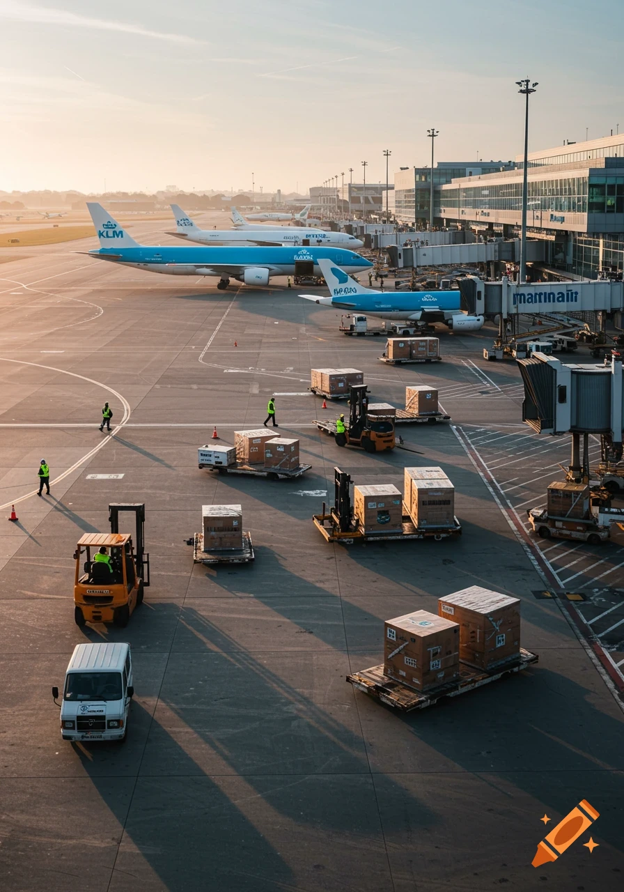 An airport tarmac with KLM airplanes, forklifts moving cargo, and workers at sunset.