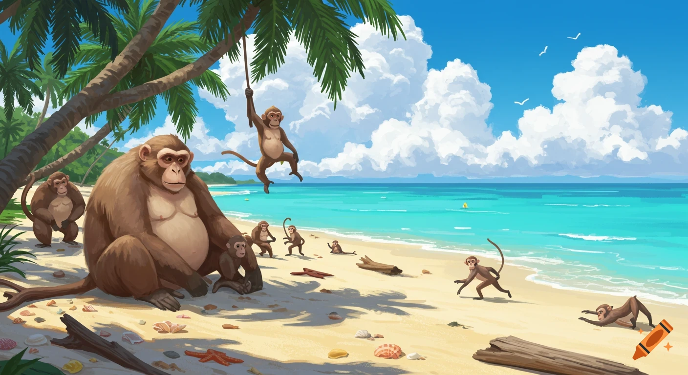 An illustration of a large monkey and several smaller monkeys on a tropical beach.