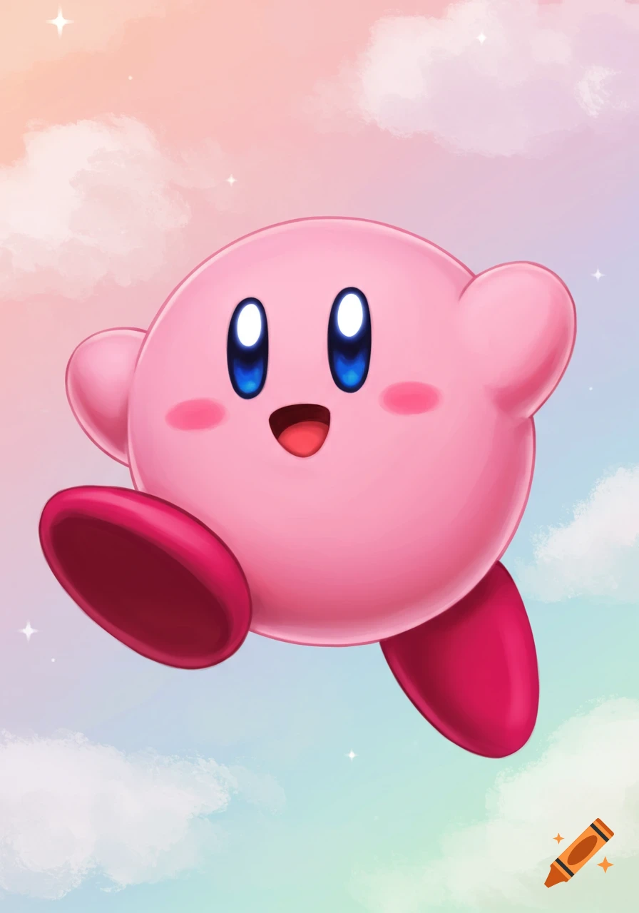 Pink video game character Kirby floating in a pastel sky.