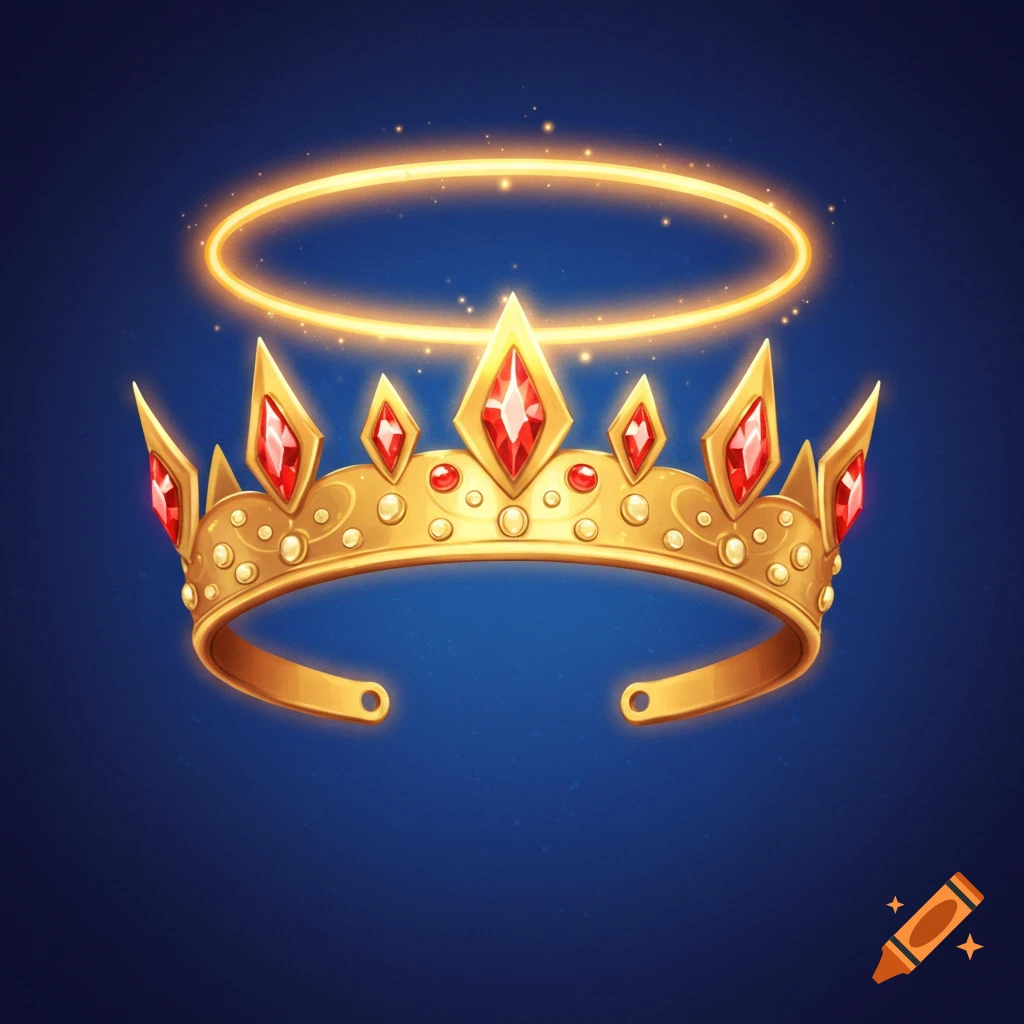 Golden crown with red gems and glowing halo on blue background.